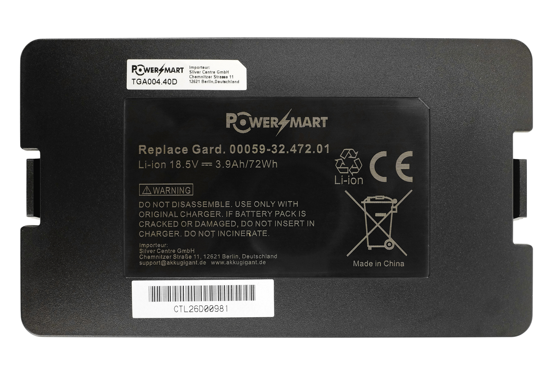 Schwarzer Akku mit Aufklebern: Power Mart, Warnhinweise und CE-Zeichen.