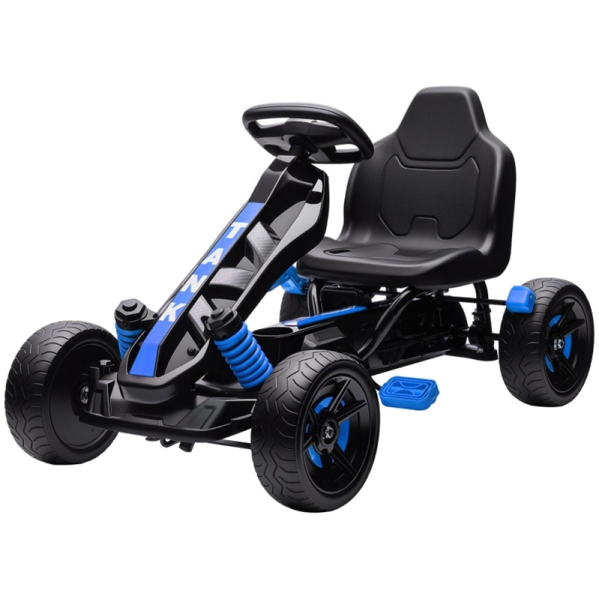 Schwarzer Tret-Go-Kart mit blauen Akzenten, Lenkrad, Sitz und Rädern.