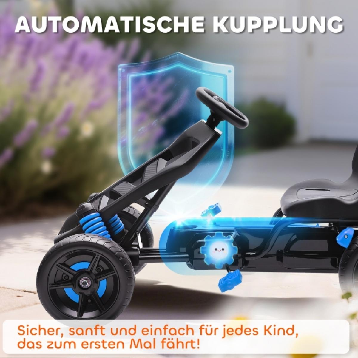 Ein schwarzer Go-Kart mit blauen Akzenten und Schutzschild-Grafik.