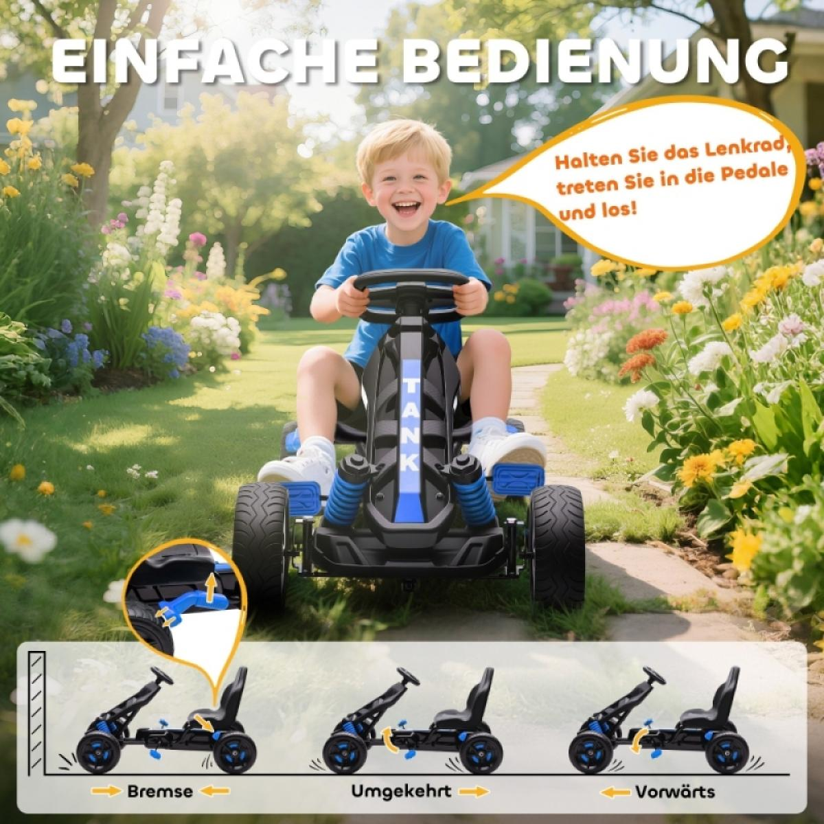 Ein Junge fährt ein schwarzes Go-Kart im Garten. Einfache Bedienung.