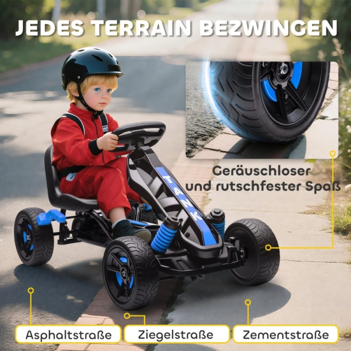 Junge im roten Rennanzug auf blau-schwarzem Go-Kart, mit Text über Gelände.