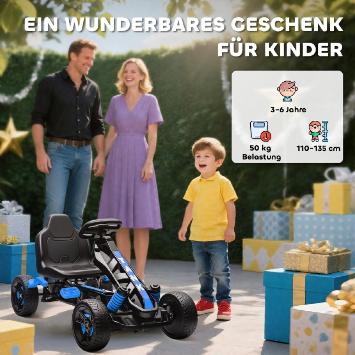 Familie mit einem Go-Kart, Geschenkboxen im Garten, für Kinder 3-6 Jahre.