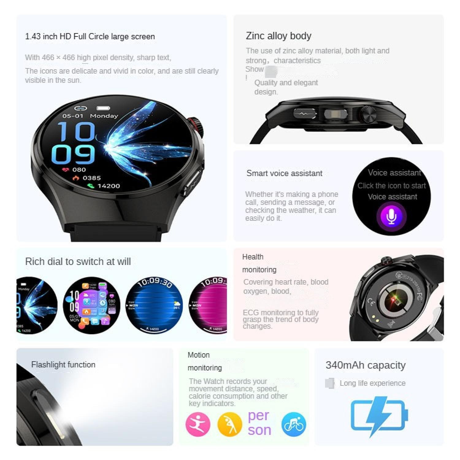 Eine Smartwatch mit großem HD-Display, Zinklegierungskörper, Sprachassistent, Herzfrequenzüberwachung und Blitzlicht.