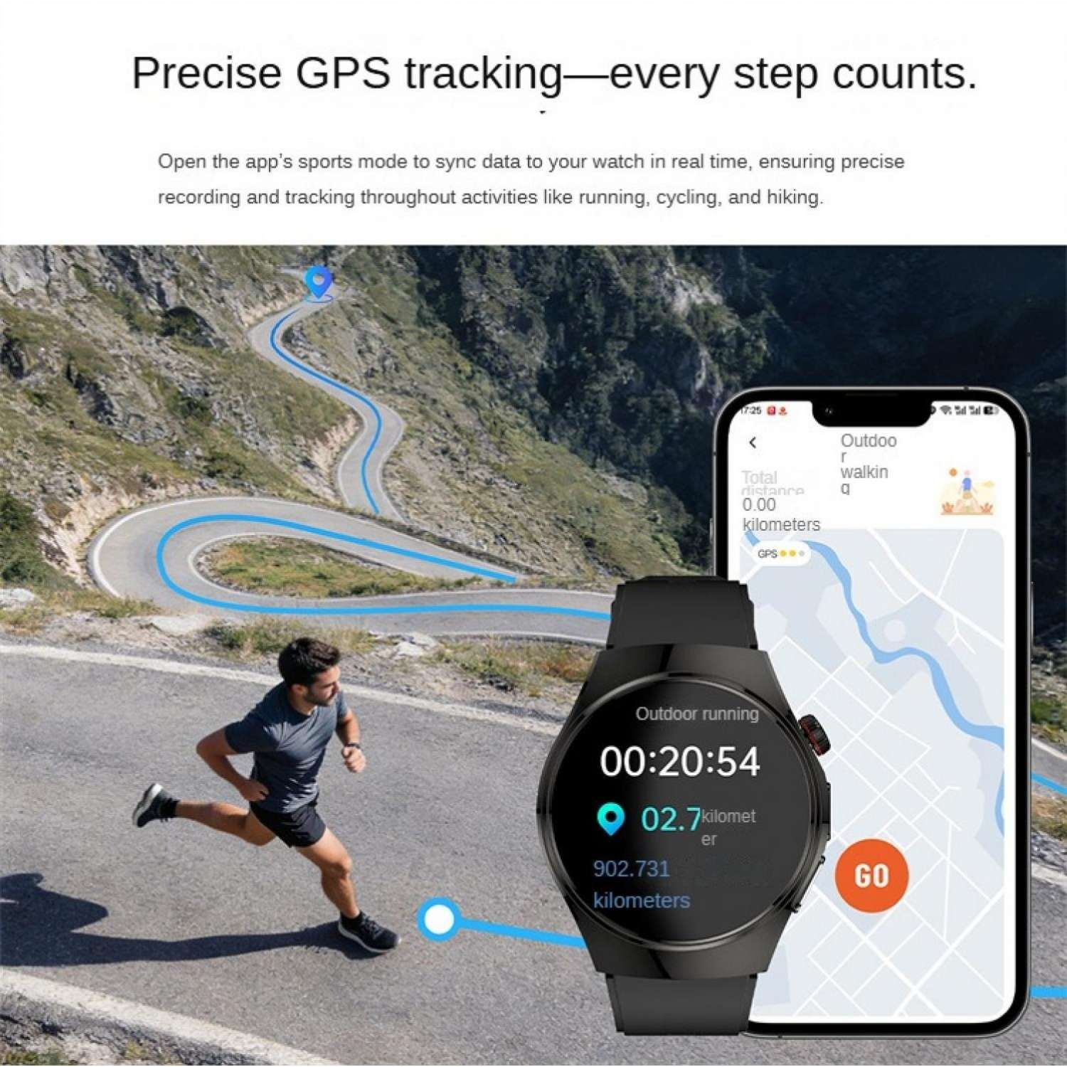 Mann läuft auf Bergstraße, Smartwatch zeigt Outdoor-Laufstatistiken.