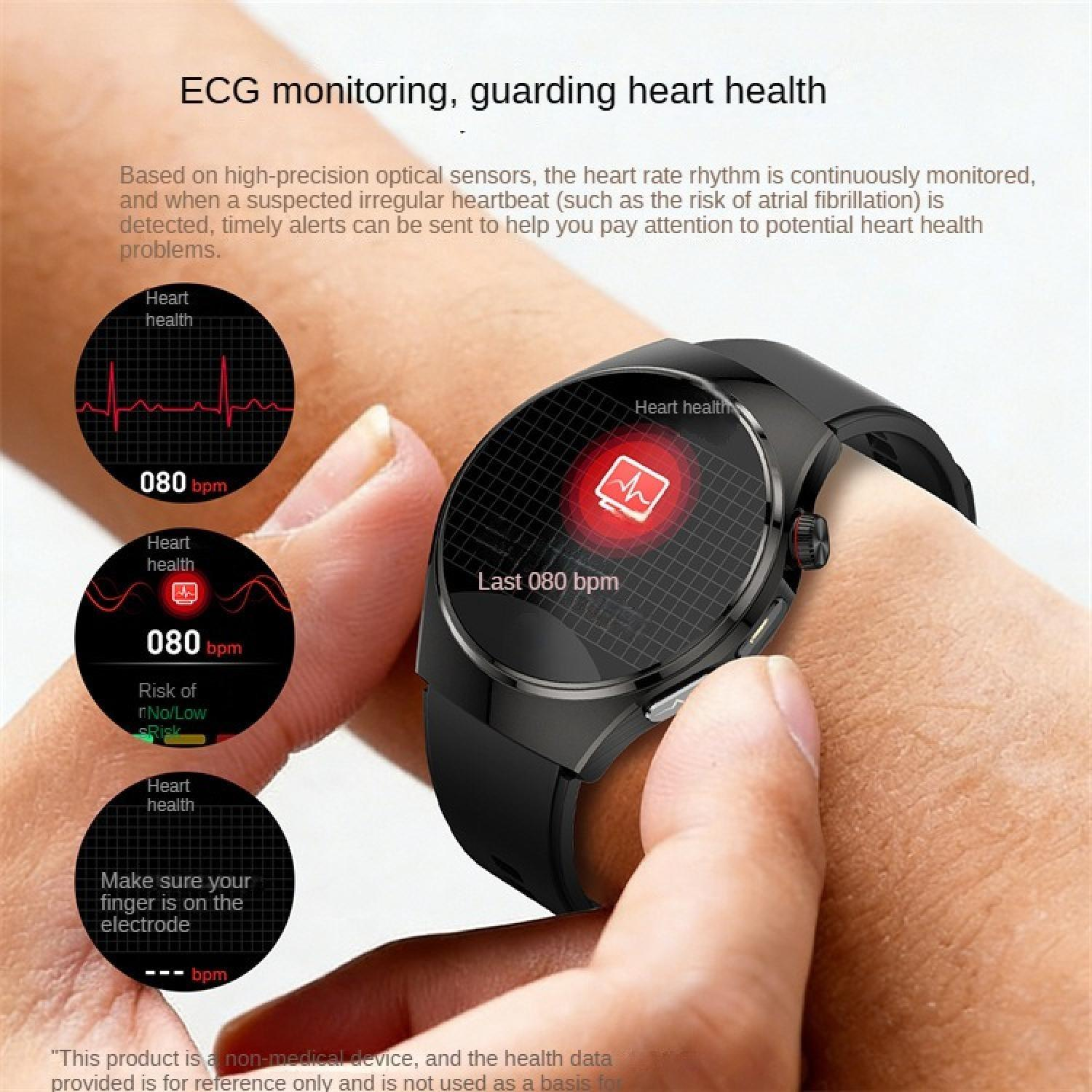 Schwarze Smartwatch am Handgelenk zeigt Herzgesundheitsdaten mit EKG-Grafik.