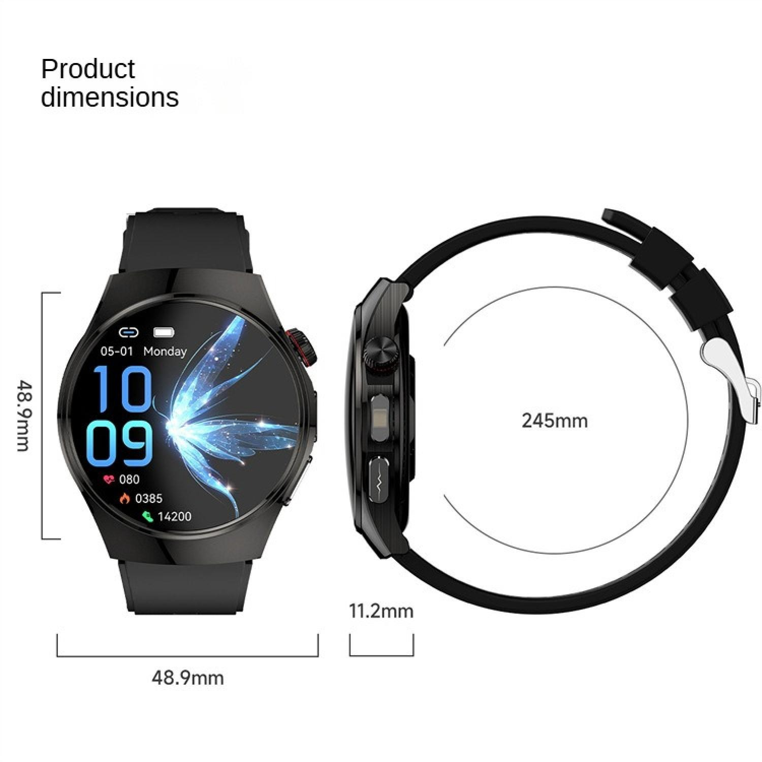 Eine schwarze Smartwatch mit Maßen: 48,9 mm Breite, 11,2 mm Dicke, 245 mm Umfang.