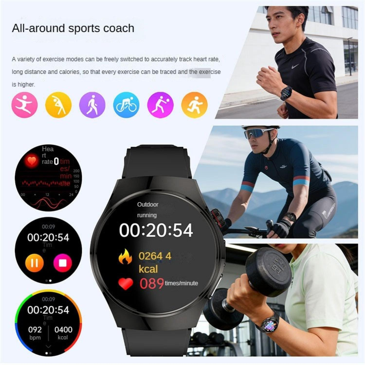 Sportuhr zeigt Laufen, Radfahren und Hanteltraining. Fitness-Tracker mit Herzfrequenz.