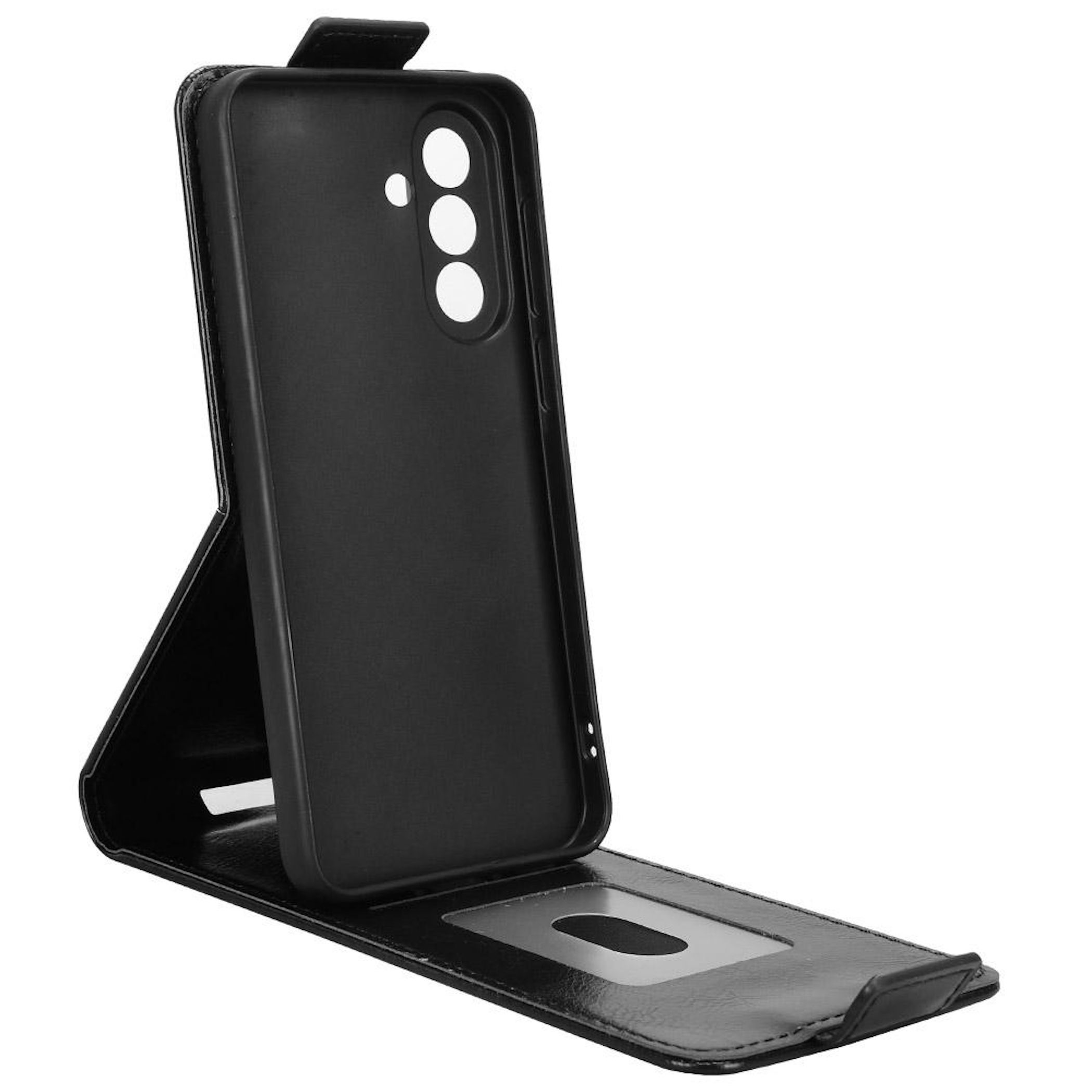 Una funda negra para teléfono con tres agujeros para cámara y una ventana.