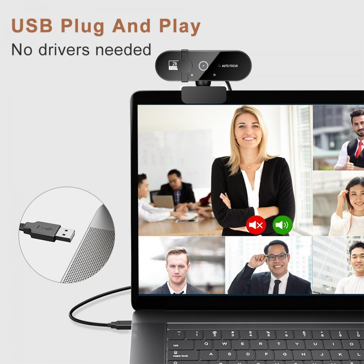Webcam über Laptop, zeigt Videokonferenz mit 6 Personen. USB-Stecker.