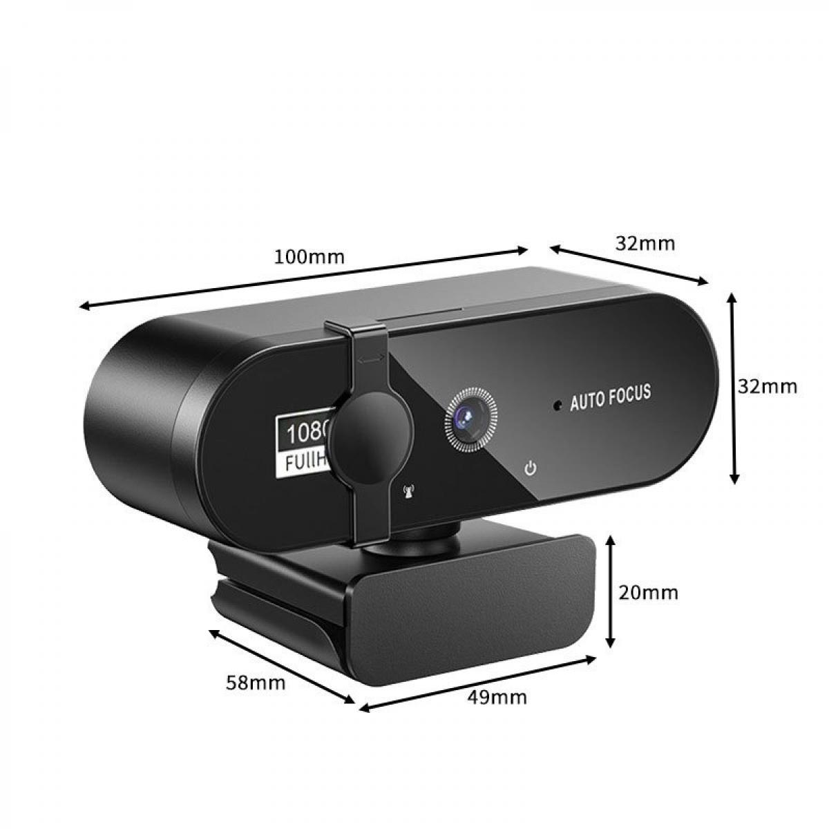 Schwarze Webcam mit Maßangaben, 1080p Full HD und Autofokus.