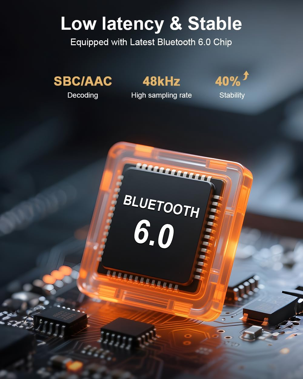 Ein orangefarbener Chip mit "Bluetooth 6.0" auf einer Platine.