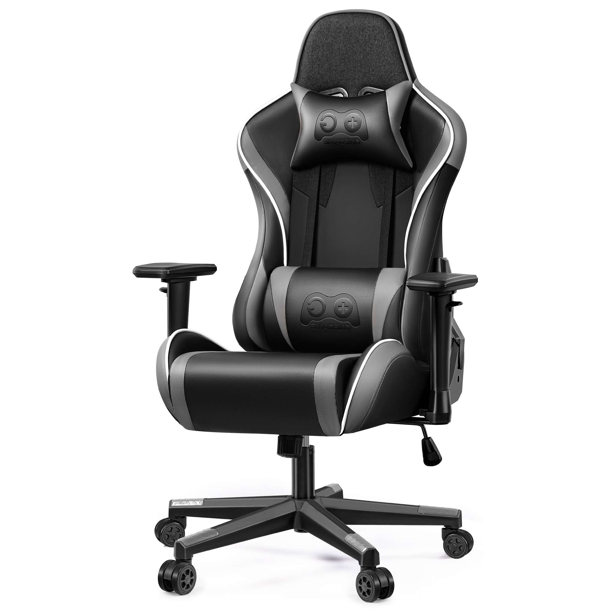 Ein schwarzer Gaming-Stuhl mit grauen Akzenten und einem Lendenkissen.