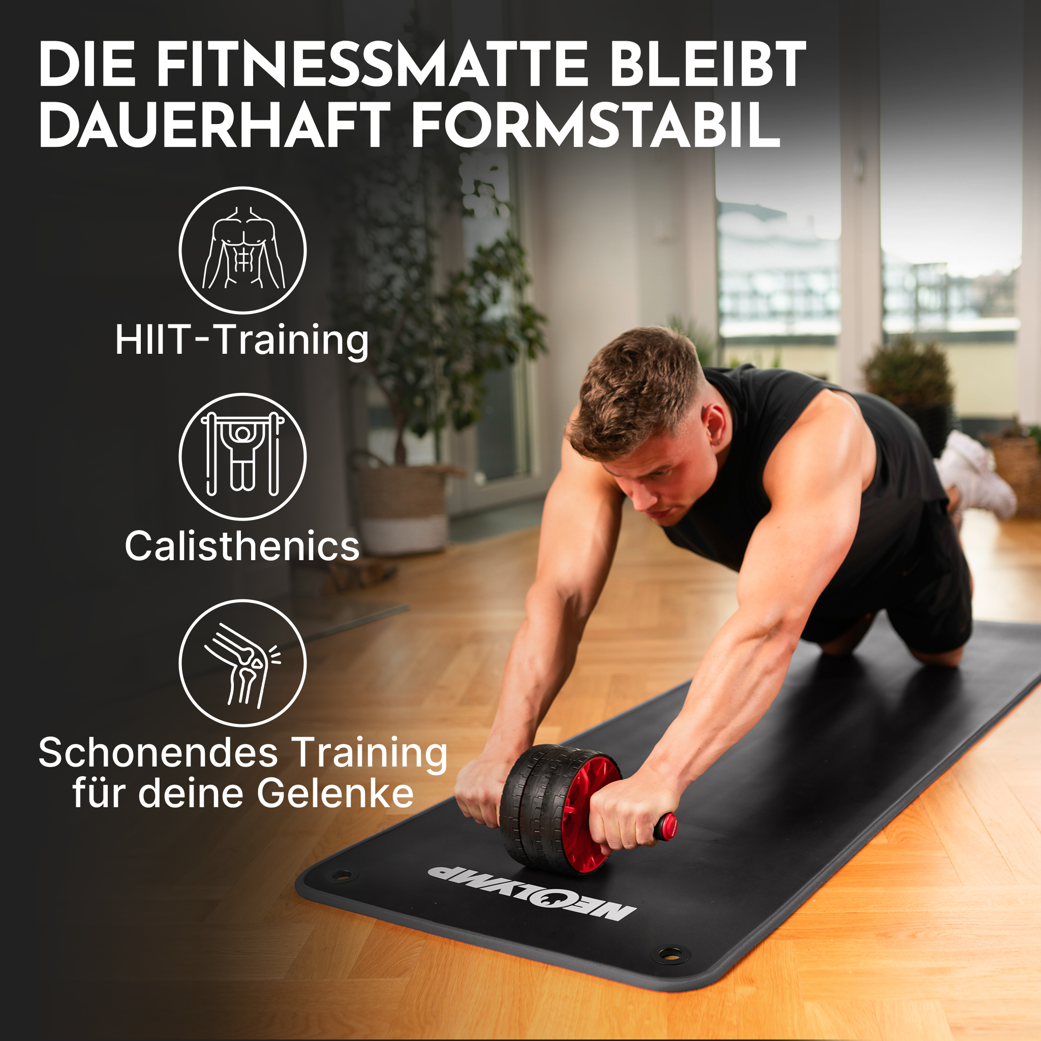 Mann trainiert mit Bauchtrainer auf schwarzer Matte, Icons für HIIT, Calisthenics, Gelenkschonung.