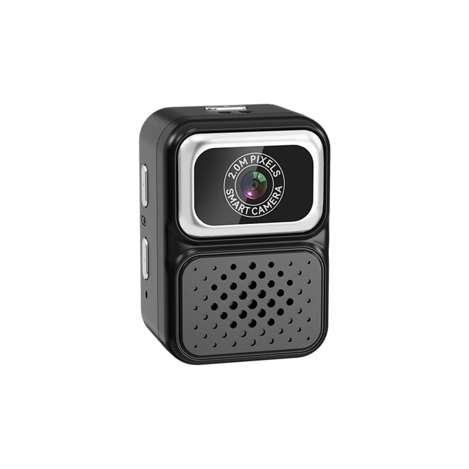 Kompakte schwarze Smart-Kamera mit 2,0 MP, silbernem Rahmen und Lautsprechergitter.