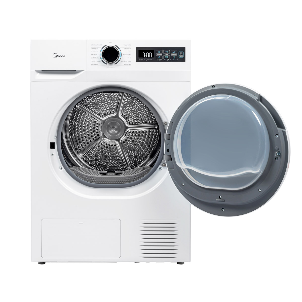 Ein weißer Midea-Wäschetrockner mit geöffneter Tür und sichtbarer Trommel.