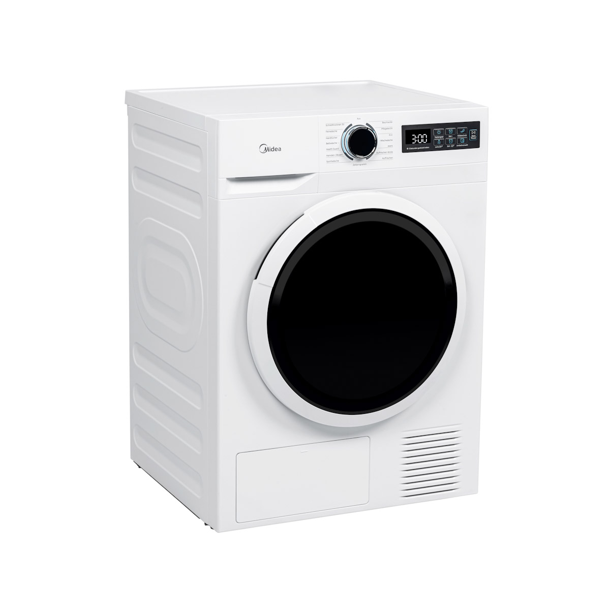 Weiße Midea-Wäschetrockner mit schwarzer Tür und digitalem Display.
