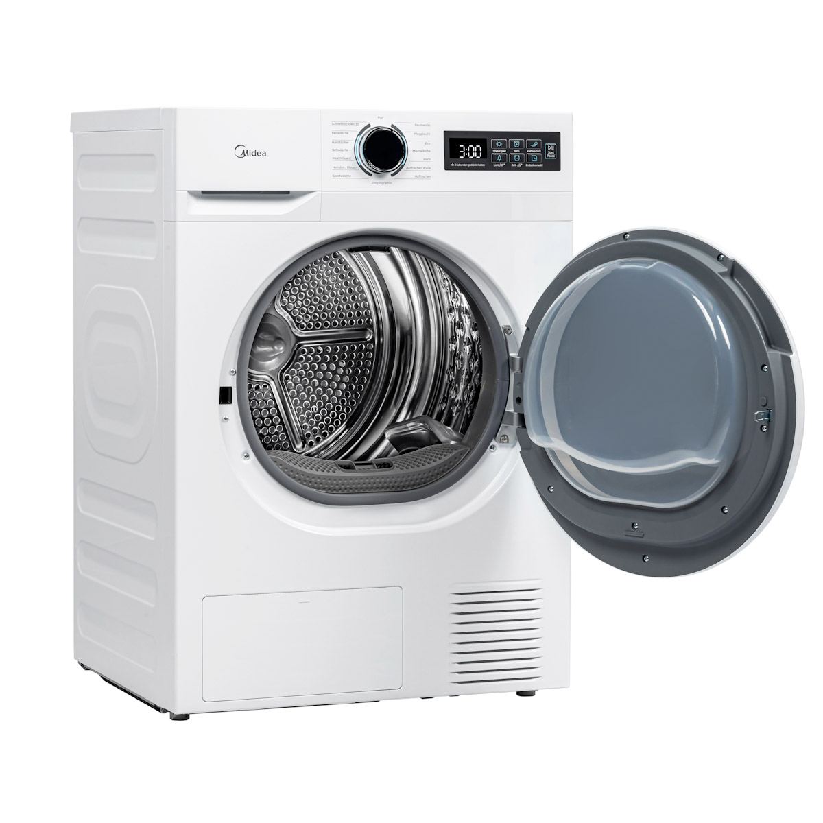Eine weiße Midea-Wäschetrocknermaschine mit geöffneter Tür und digitalem Display.