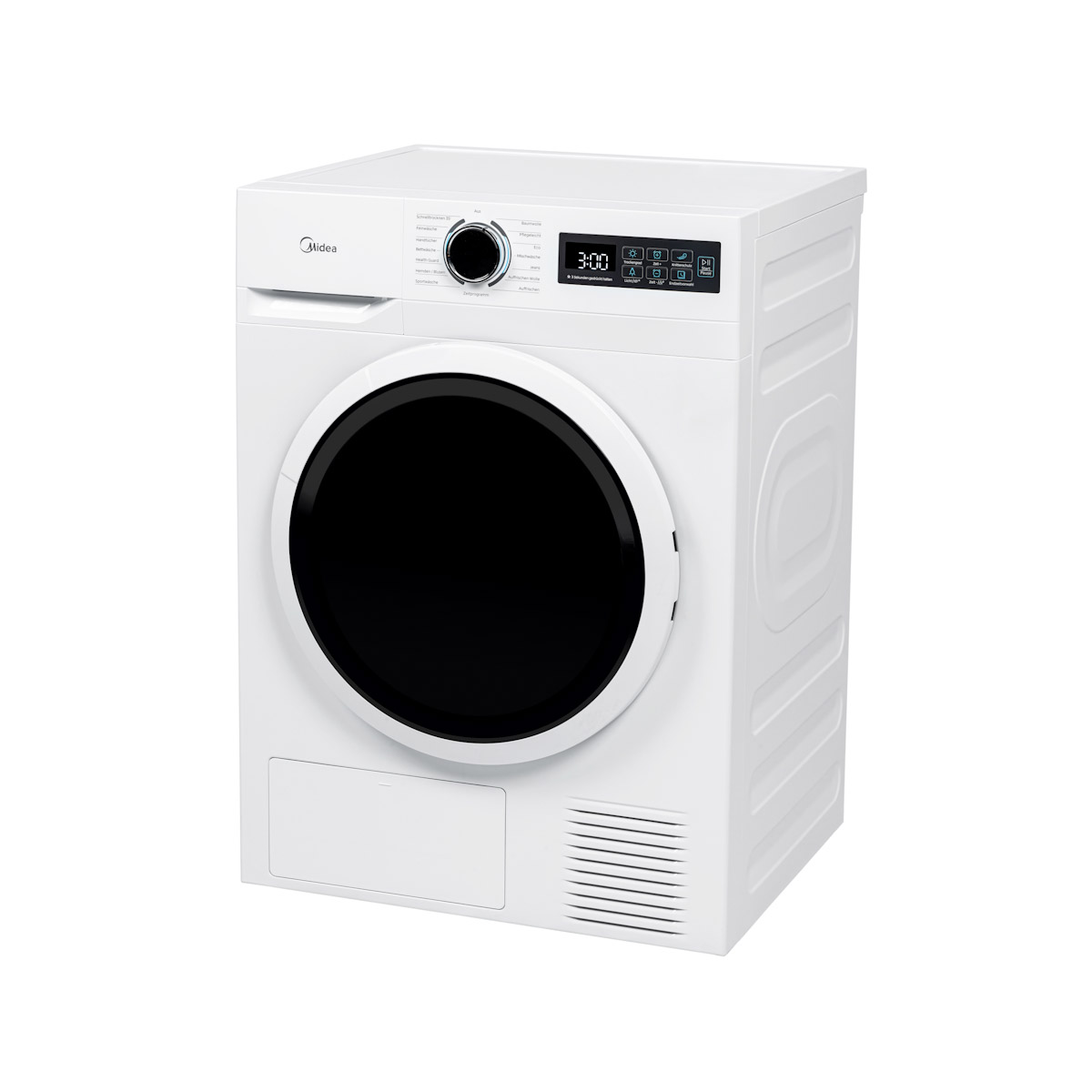 Eine weiße Midea-Wäschetrocknermaschine mit schwarzer Tür und digitalem Display.