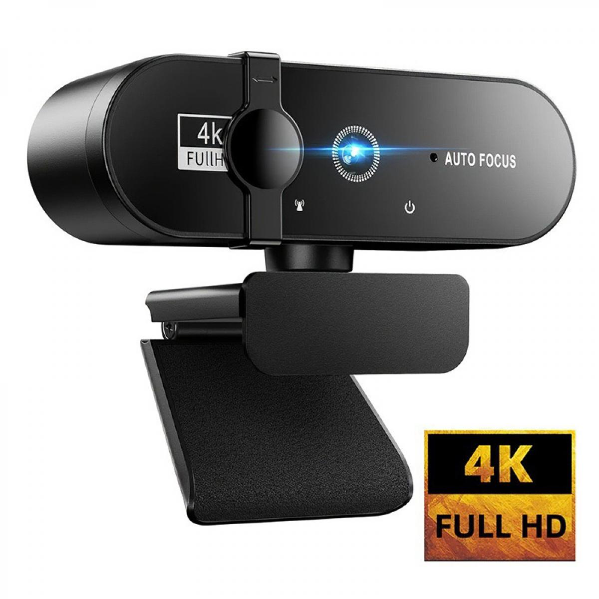 Schwarze 4K-Webcam mit Autofokus und Clip-Halterung. Logo zeigt '4K FULL HD'.