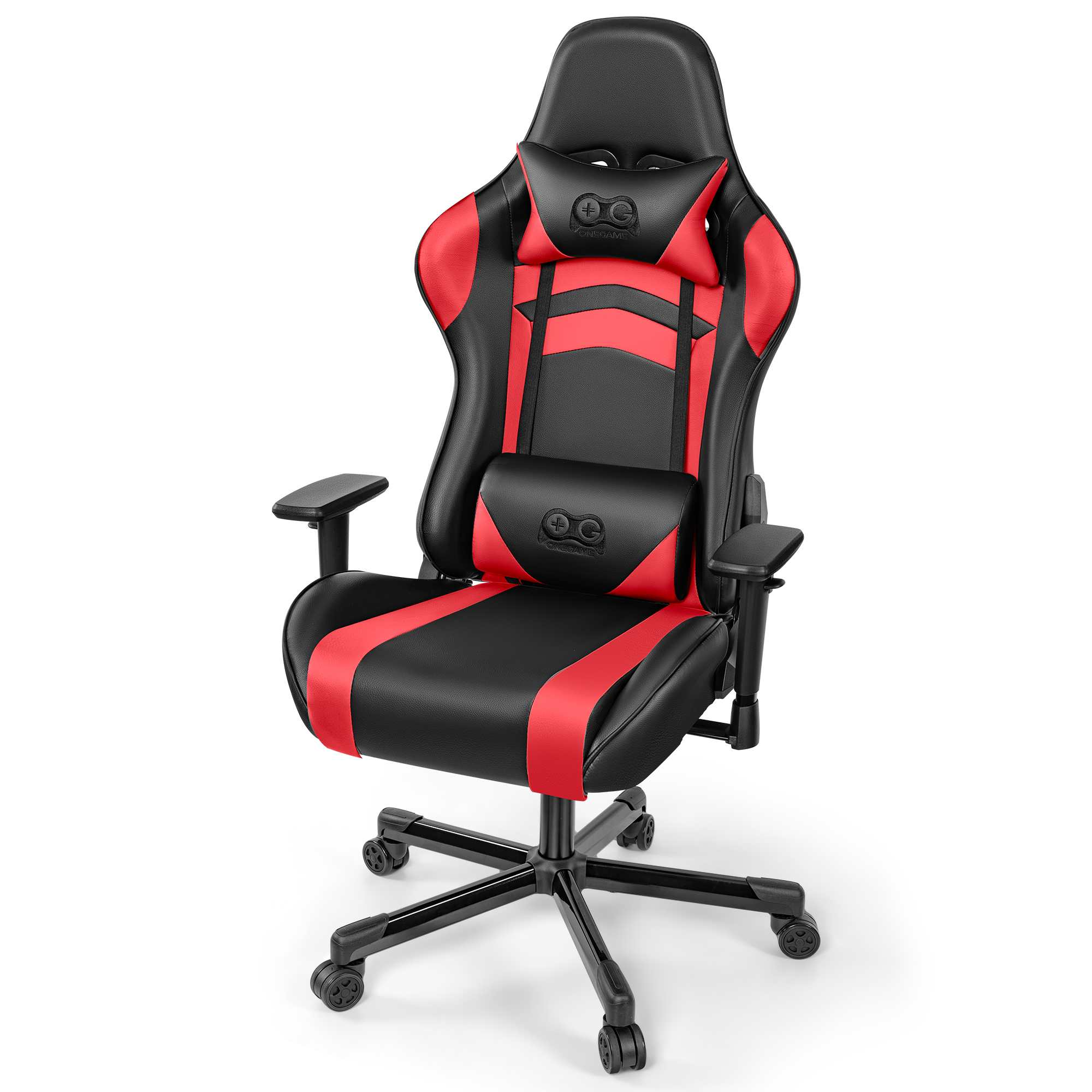 Ein schwarzer Gaming-Stuhl mit roten Akzenten und Kopfstütze.