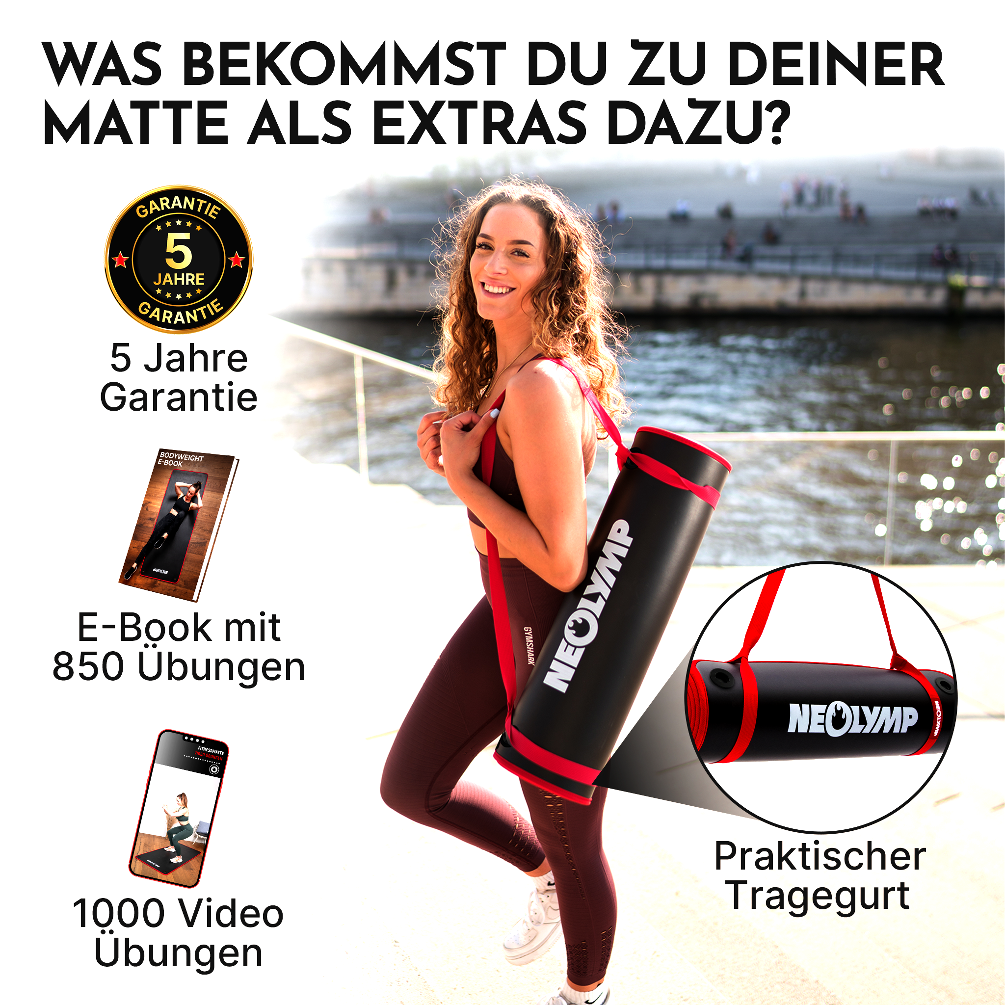 Frau mit Yogamatte, E-Book und Handy: 5 Jahre Garantie, 850 Übungen, 1000 Videos.