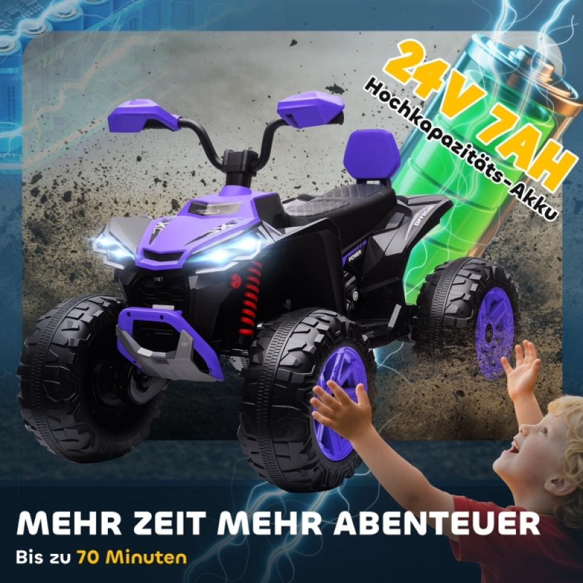 Lila Kinder-Quad mit 24V 7AH Akku und einem Kind, das davor steht.
