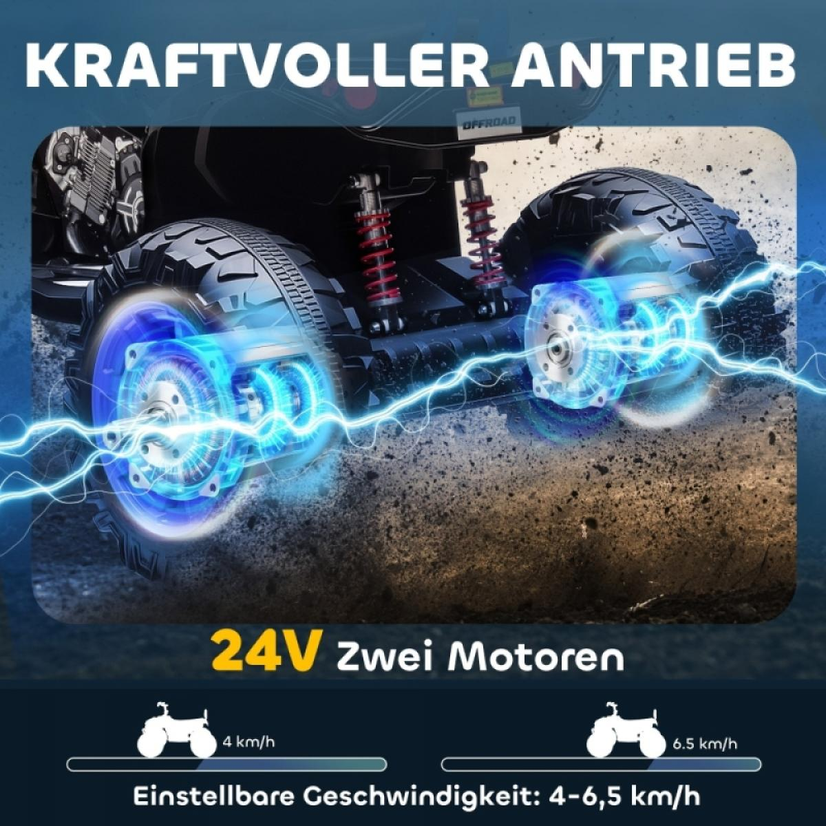Zwei Motoren mit 24V und 4-6,5 km/h einstellbarer Geschwindigkeit.