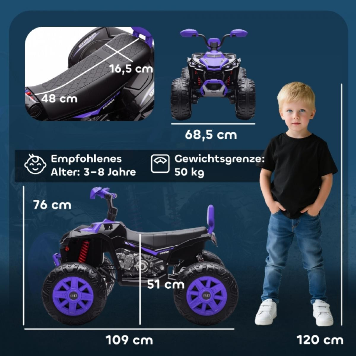 Ein Junge steht neben einem lila-schwarzen Elektro-Quad mit Maßen.