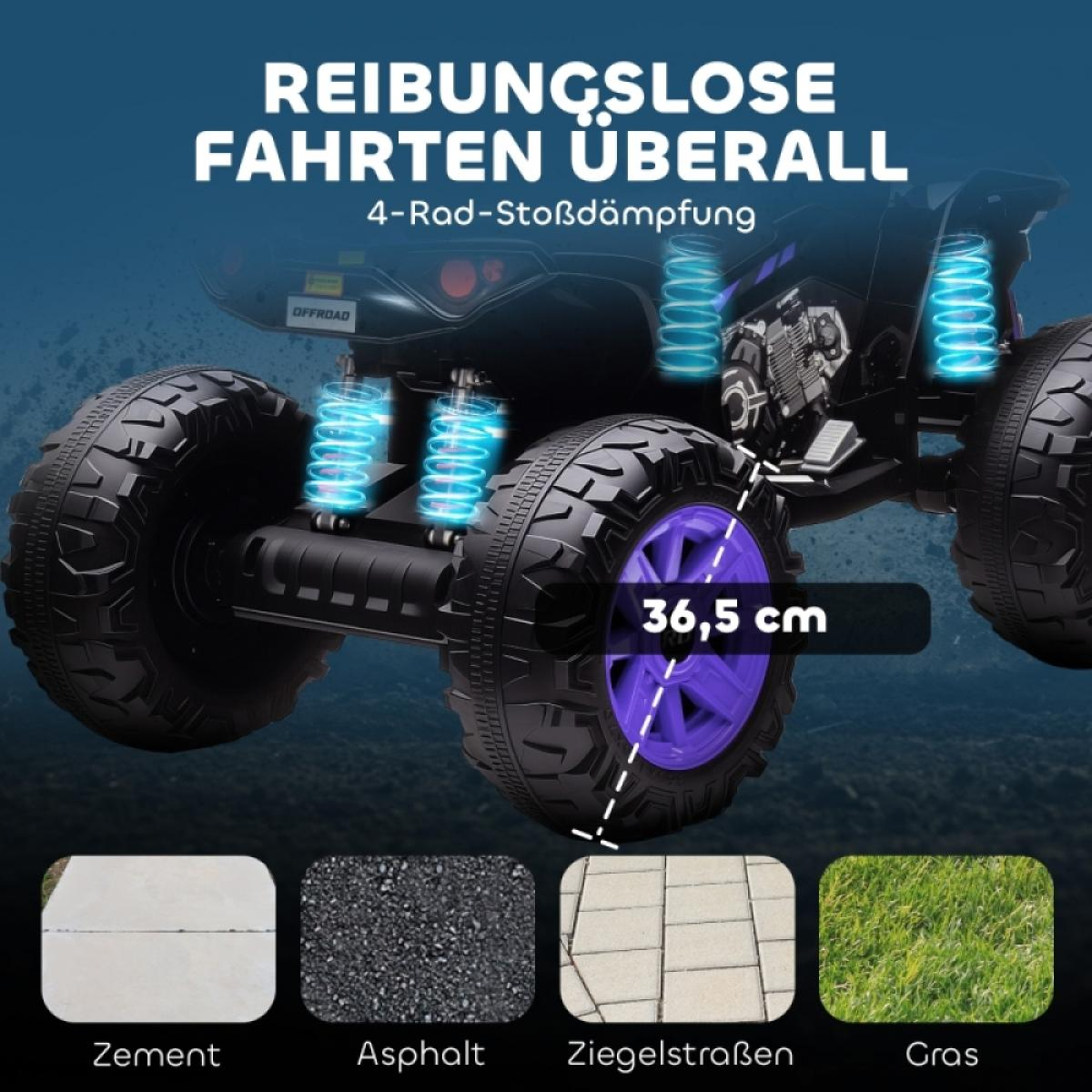 Ein schwarzer Geländewagen mit violetten Felgen und leuchtenden Stoßdämpfern.