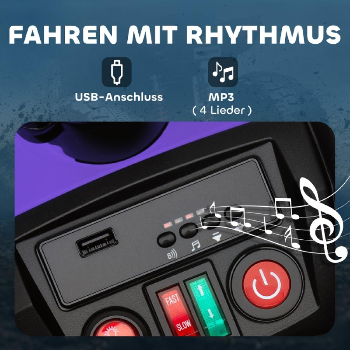 Nahaufnahme eines violetten Spielzeugauto-Bedienfelds mit USB-Anschluss.