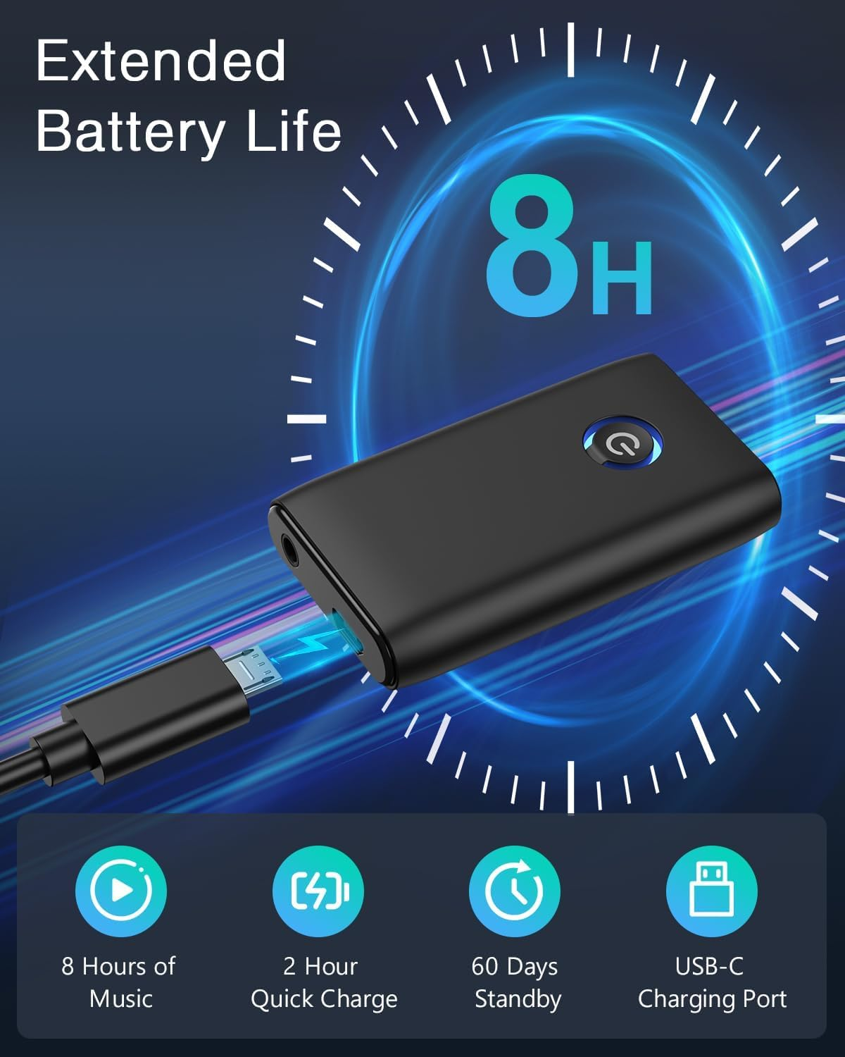 Schwarzer Bluetooth-Adapter mit USB-C Ladeanschluss, 8 Stunden Musik.