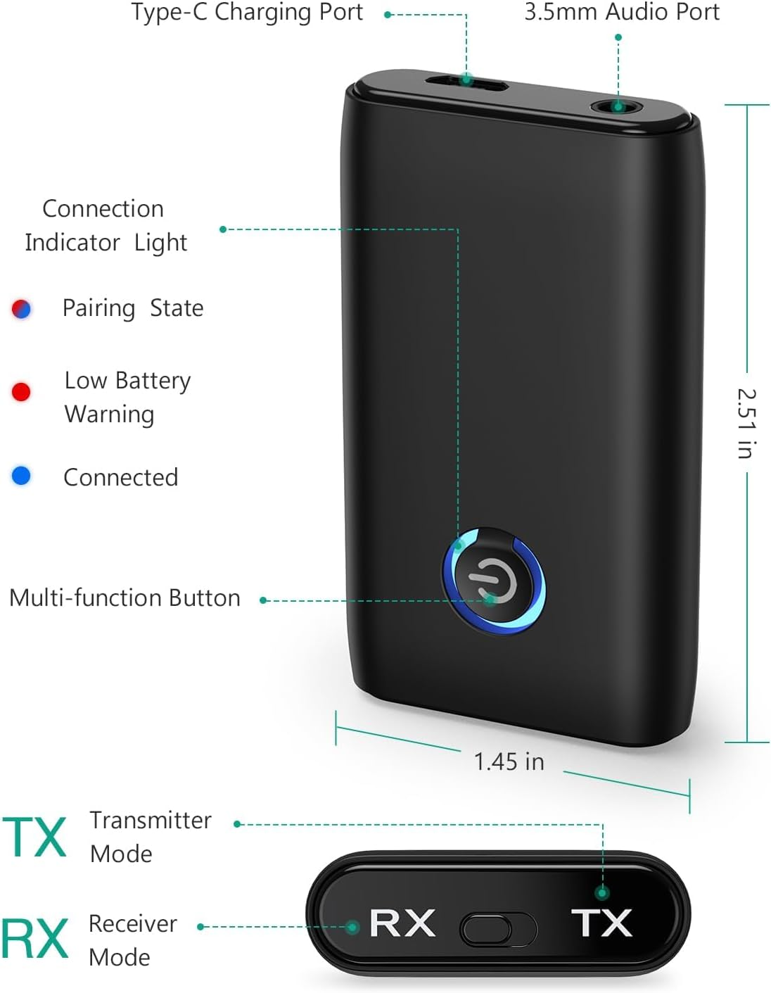 Schwarzer Bluetooth-Adapter mit Typ-C und 3,5-mm-Anschlüssen. Anzeige für Kopplung, Akku, Verbindung.