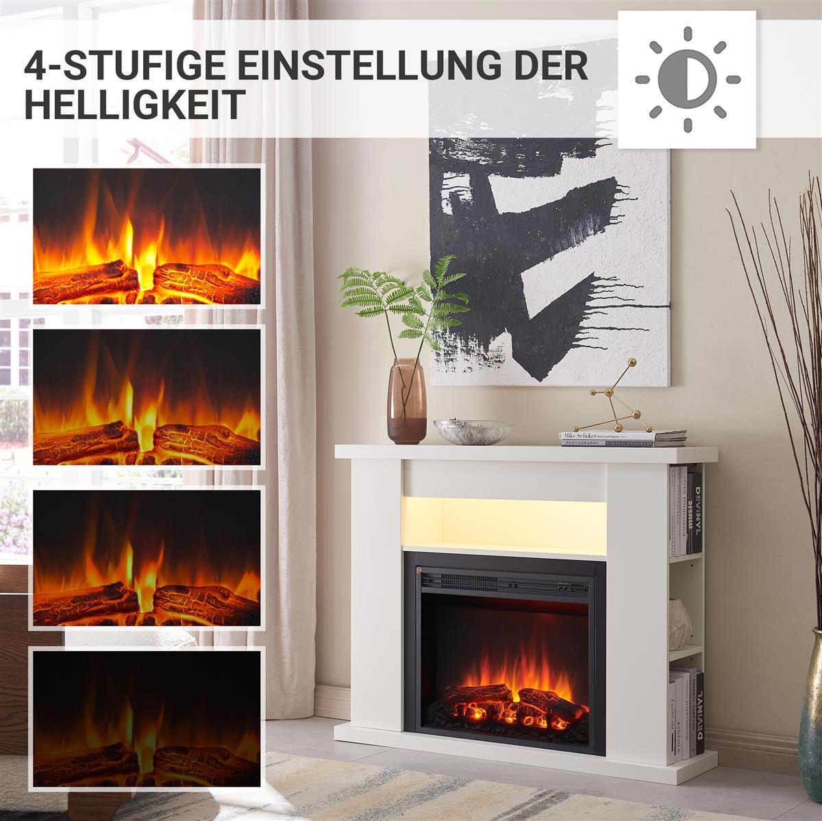 Ein weißer Elektrokamin mit vier Flammenbildern und Helligkeitssymbol.