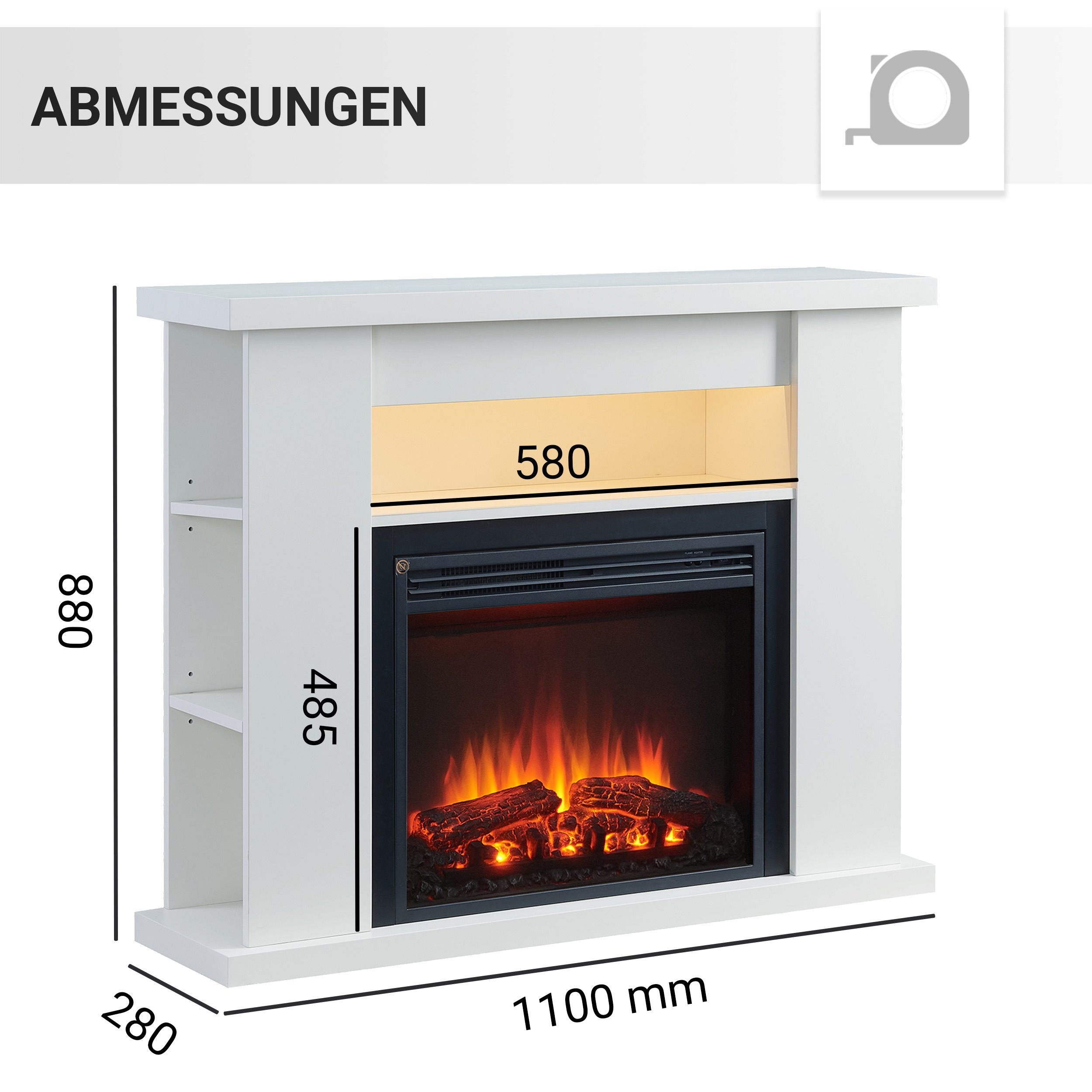 Ein weier Elektrokamin mit Maangaben: H0, T280, B1100. Innenraum H485, B580.