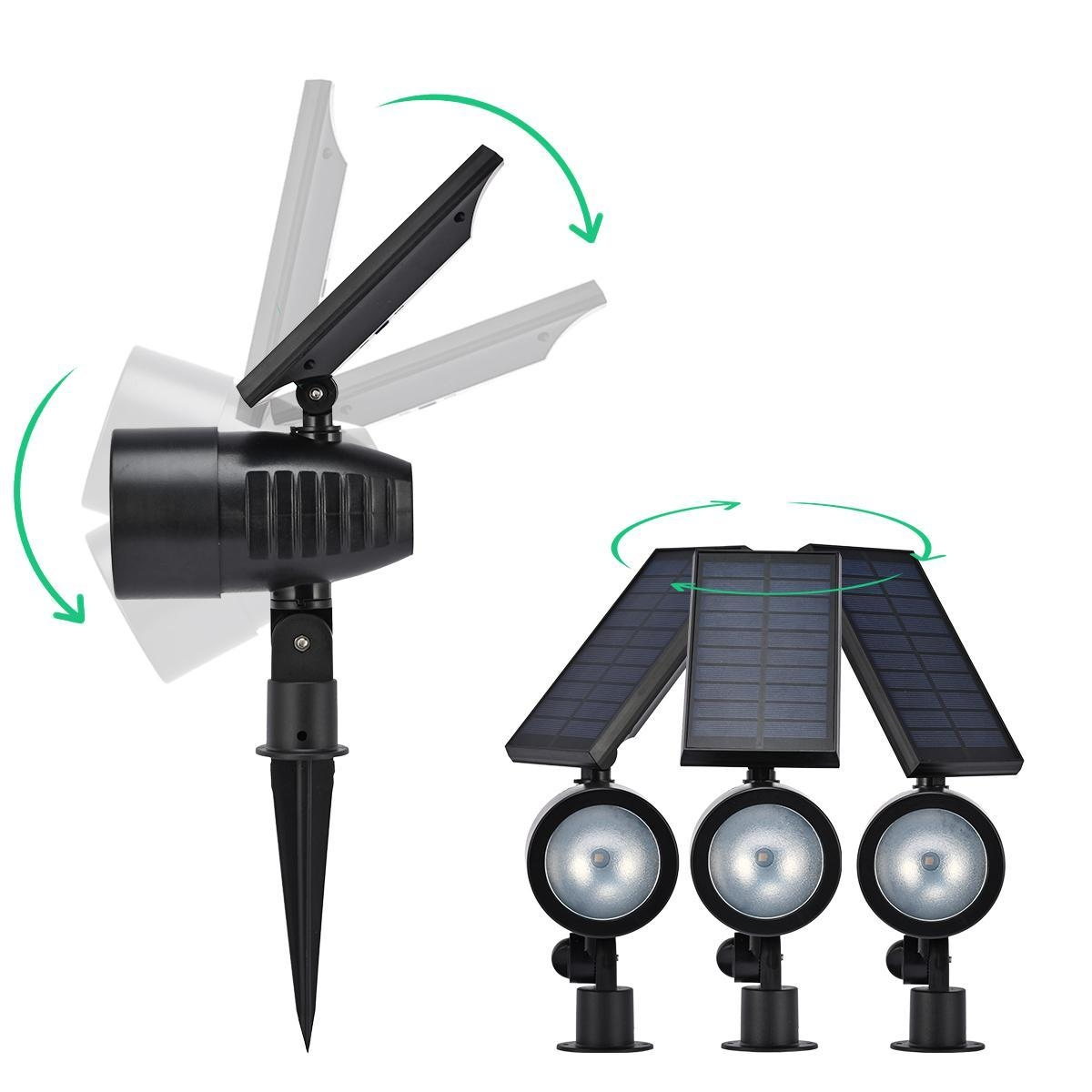 Zwei schwarze Solarleuchten gezeigt. Eine hat verstellbares Solarpanel und Licht. Drei Lichter zusammen.
