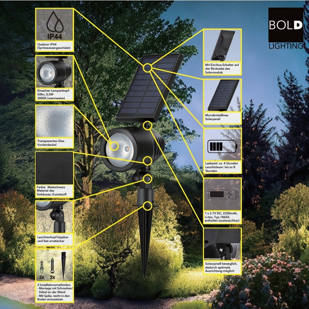 Solar-Gartenleuchte mit verstellbarem Kopf, Solarpanel und Erdspieß.