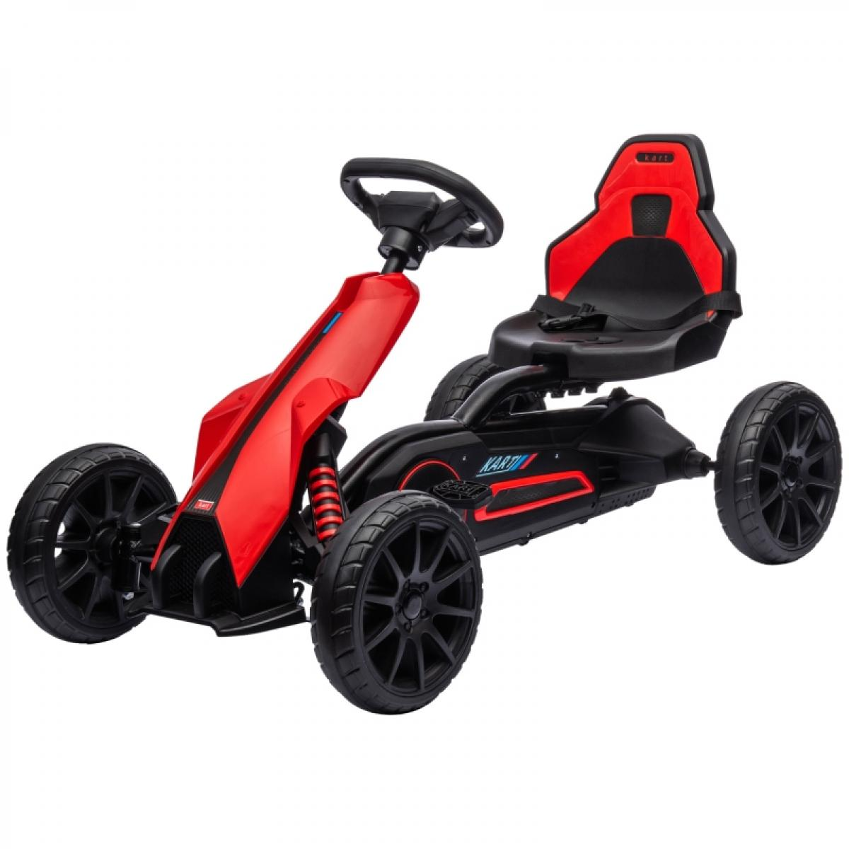 Ein rotes und schwarzes Go-Kart mit schwarzem Lenkrad und Sitz.
