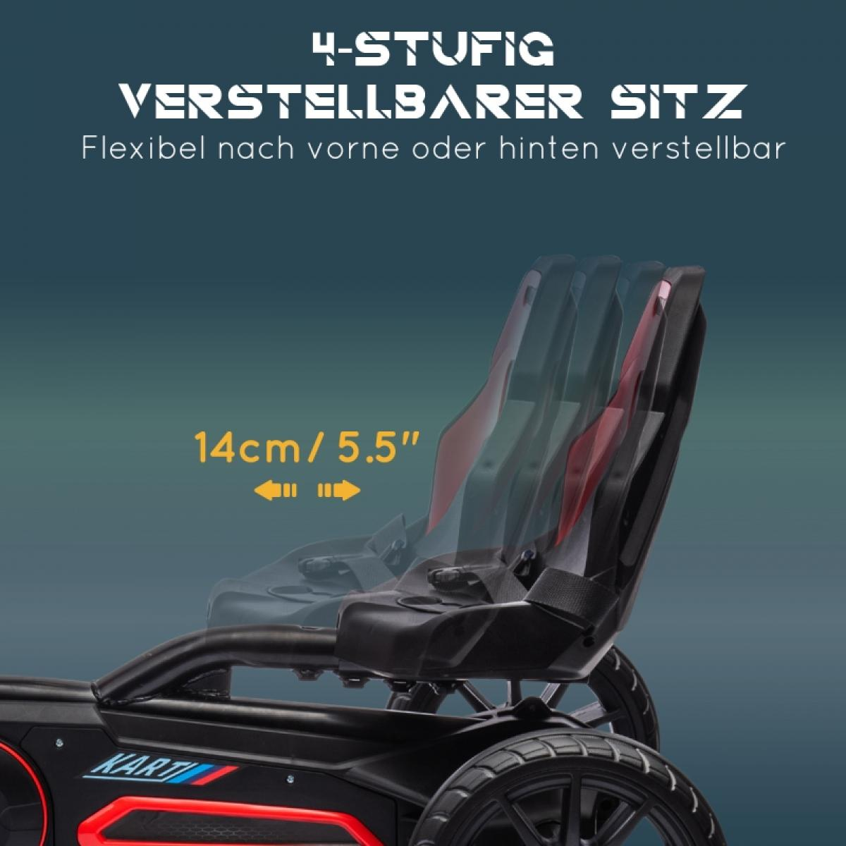 Verstellbarer Sitz eines Go-Karts, 4-stufig, 14cm/5.5" verstellbar.