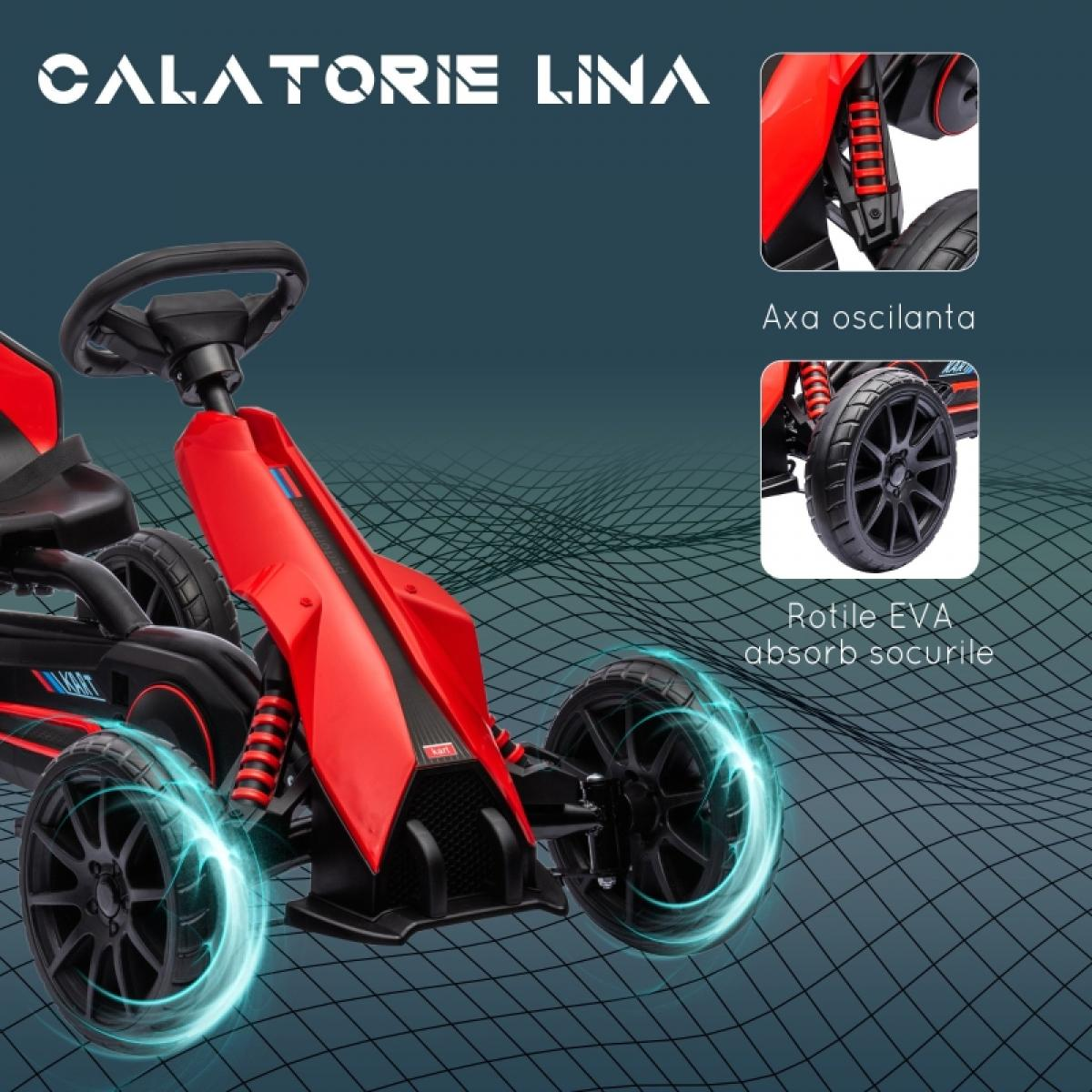 Roter Gokart mit schwarzem Lenkrad, Stoßdämpfern und EVA-Rädern auf dunklem Hintergrund.