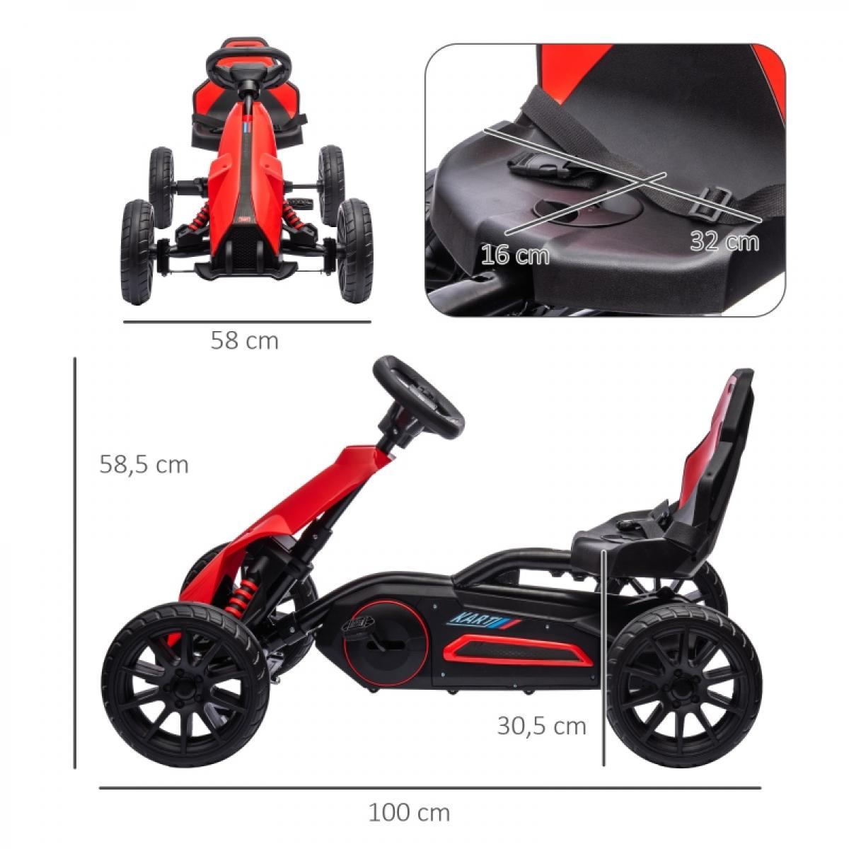 Ein rotes Go-Kart mit schwarzen Rädern und Sitz, mit Maßen.