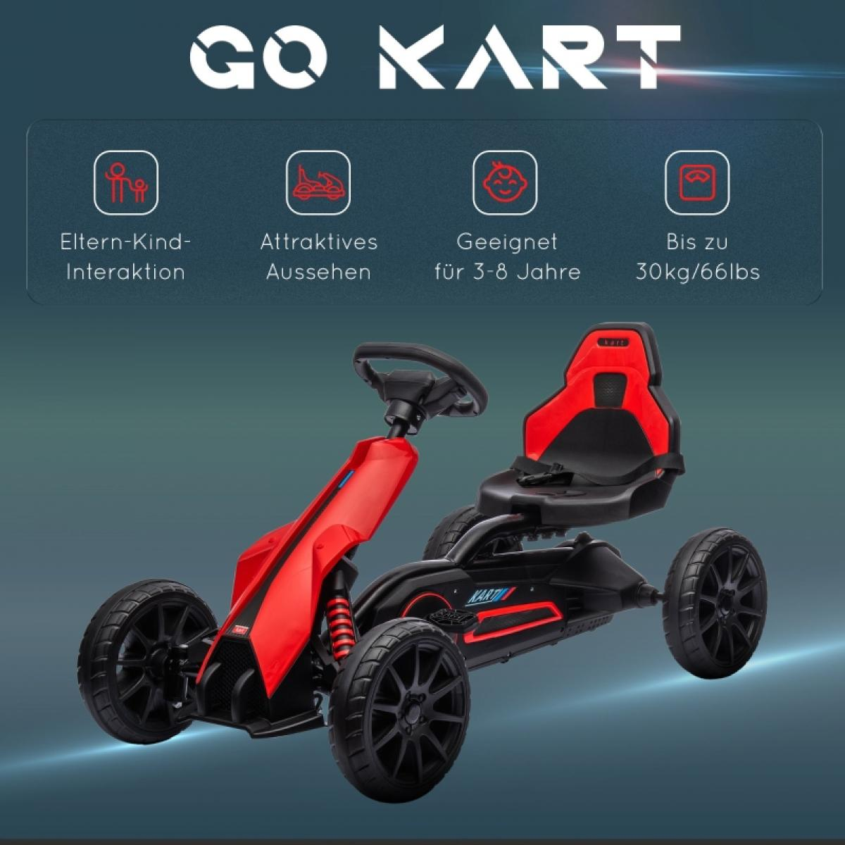 Ein roter und schwarzer Go-Kart mit Lenkrad und Sitz. Geeignet für 3-8 Jahre.