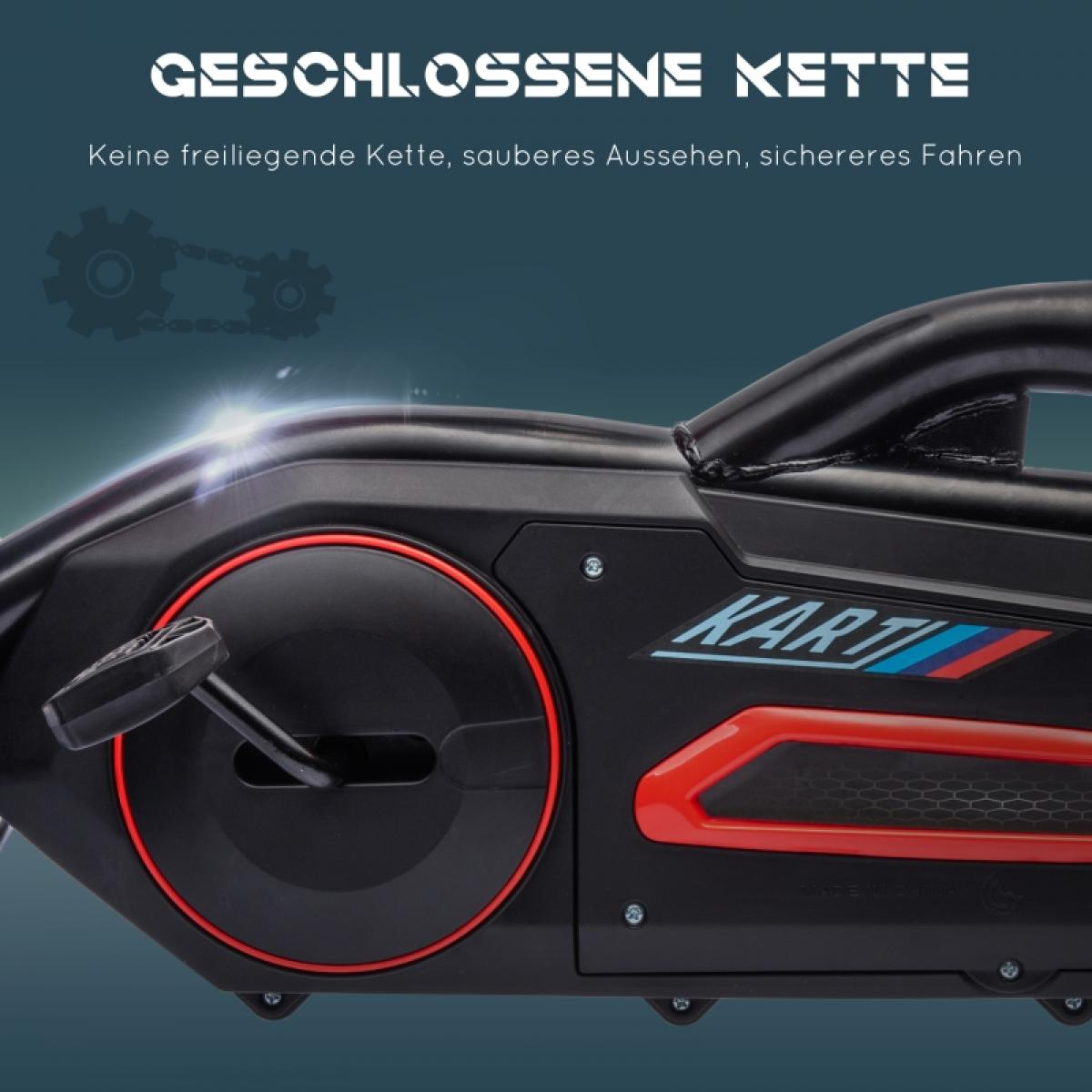 Nahaufnahme eines schwarzen Go-Karts mit rotem Akzent und dem Schriftzug KART.