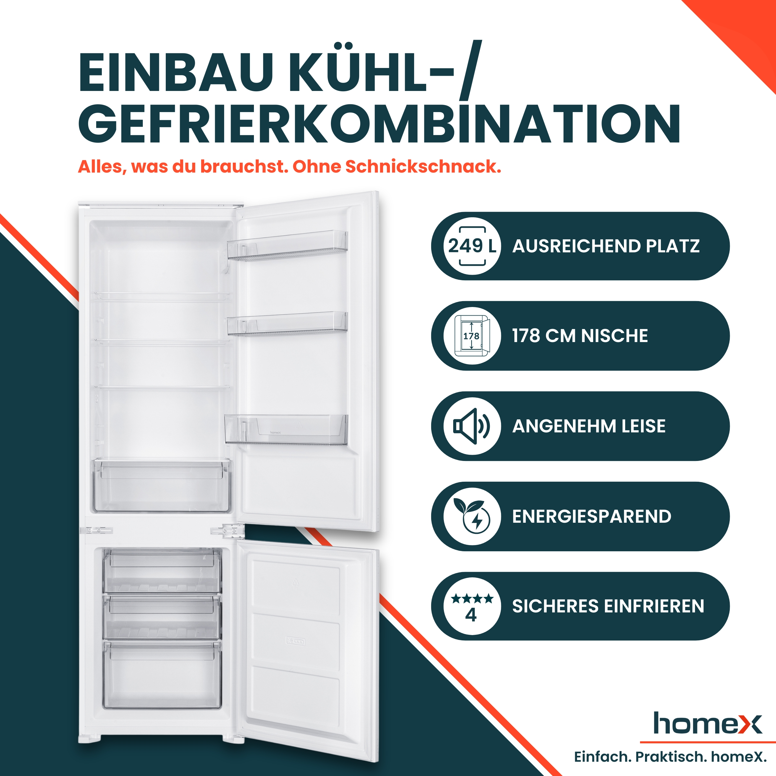 Einbau Kühl-/Gefrierkombination mit 249L, 178cm Nische, leise, energiesparend.