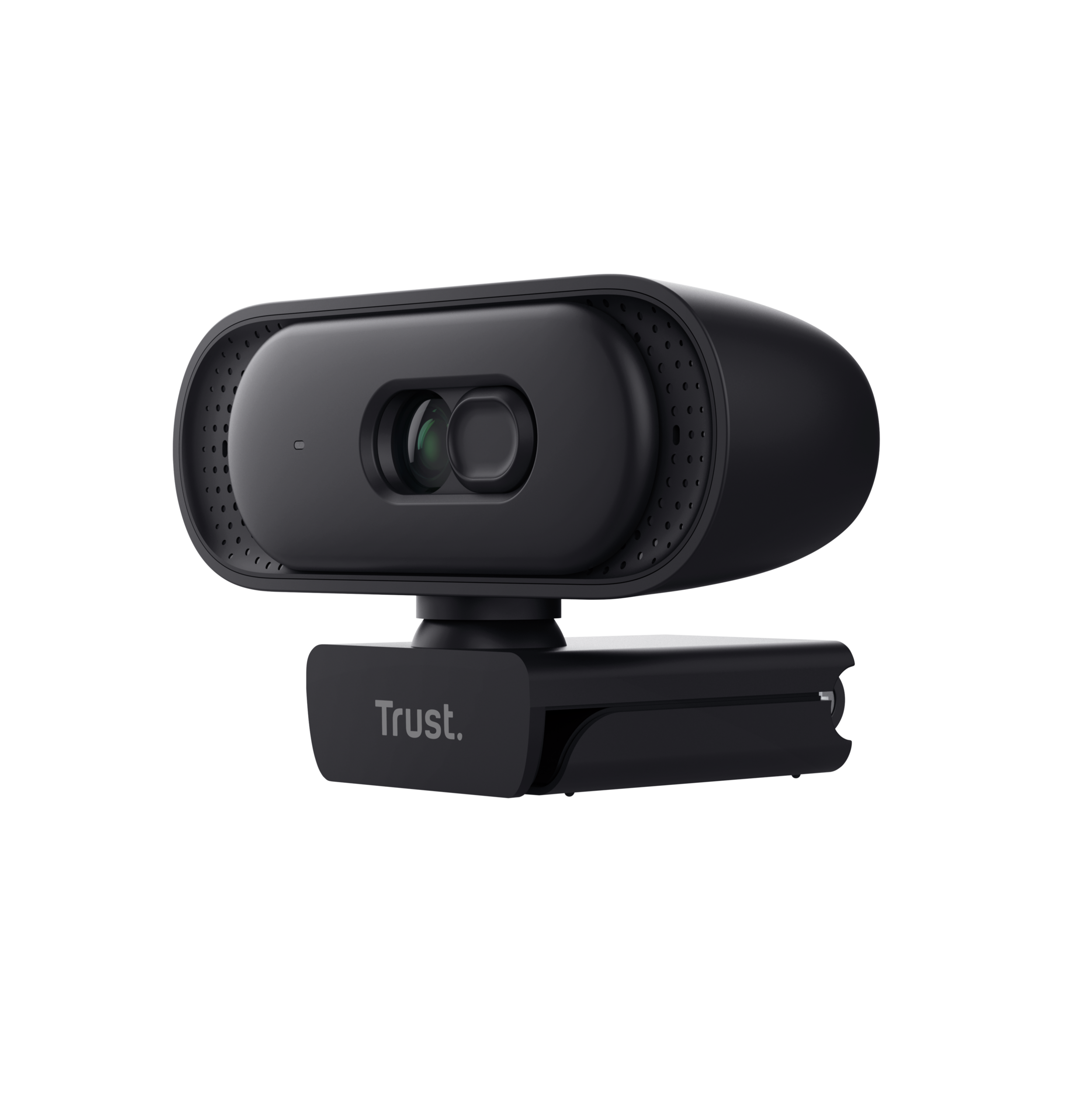 Schwarze Webcam mit Trust-Logo auf dem Standfuß, frontal dargestellt.