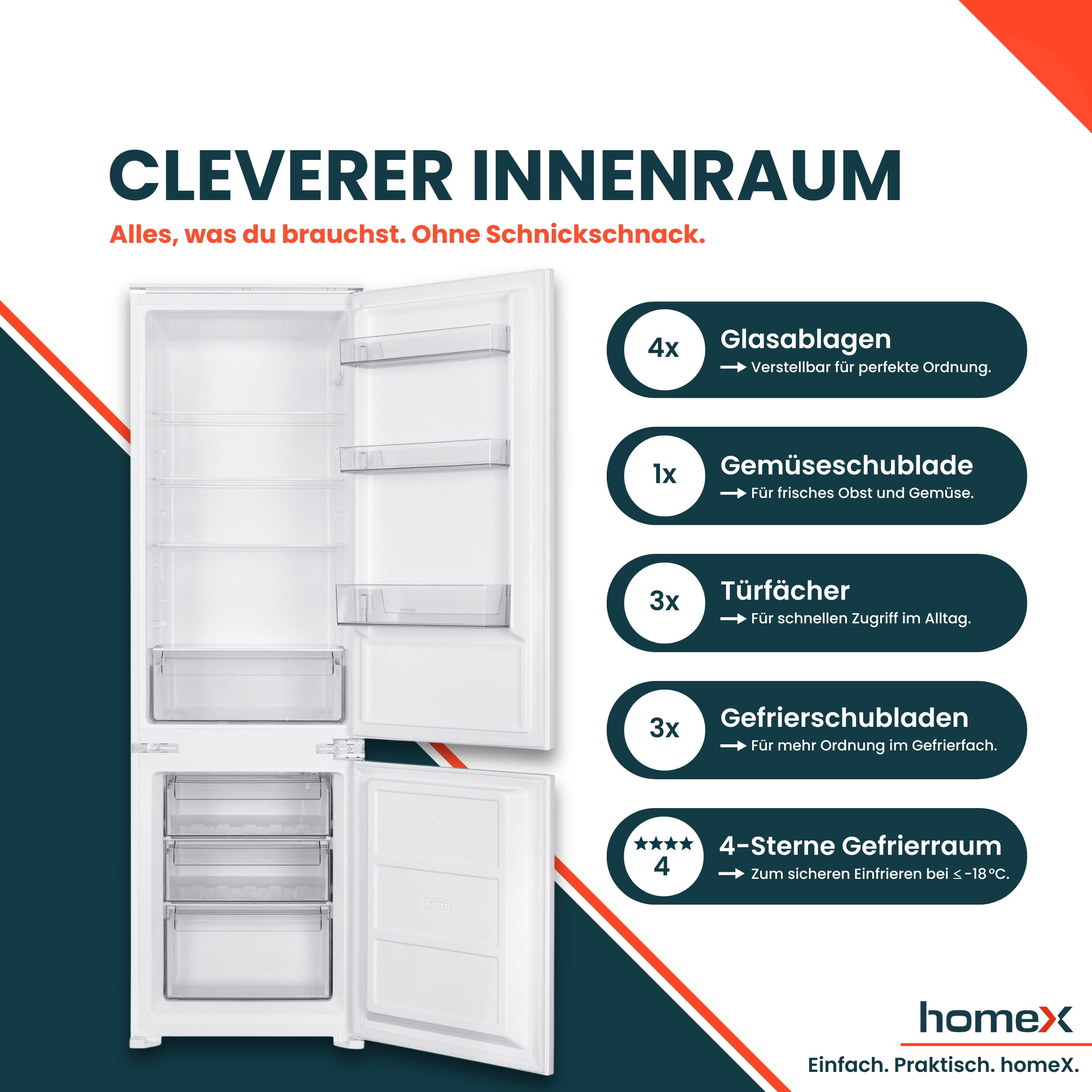 Ein weißer Kühlschrank mit geöffneter Tür, Glasablagen, Schubladen und Gefrierfächern.