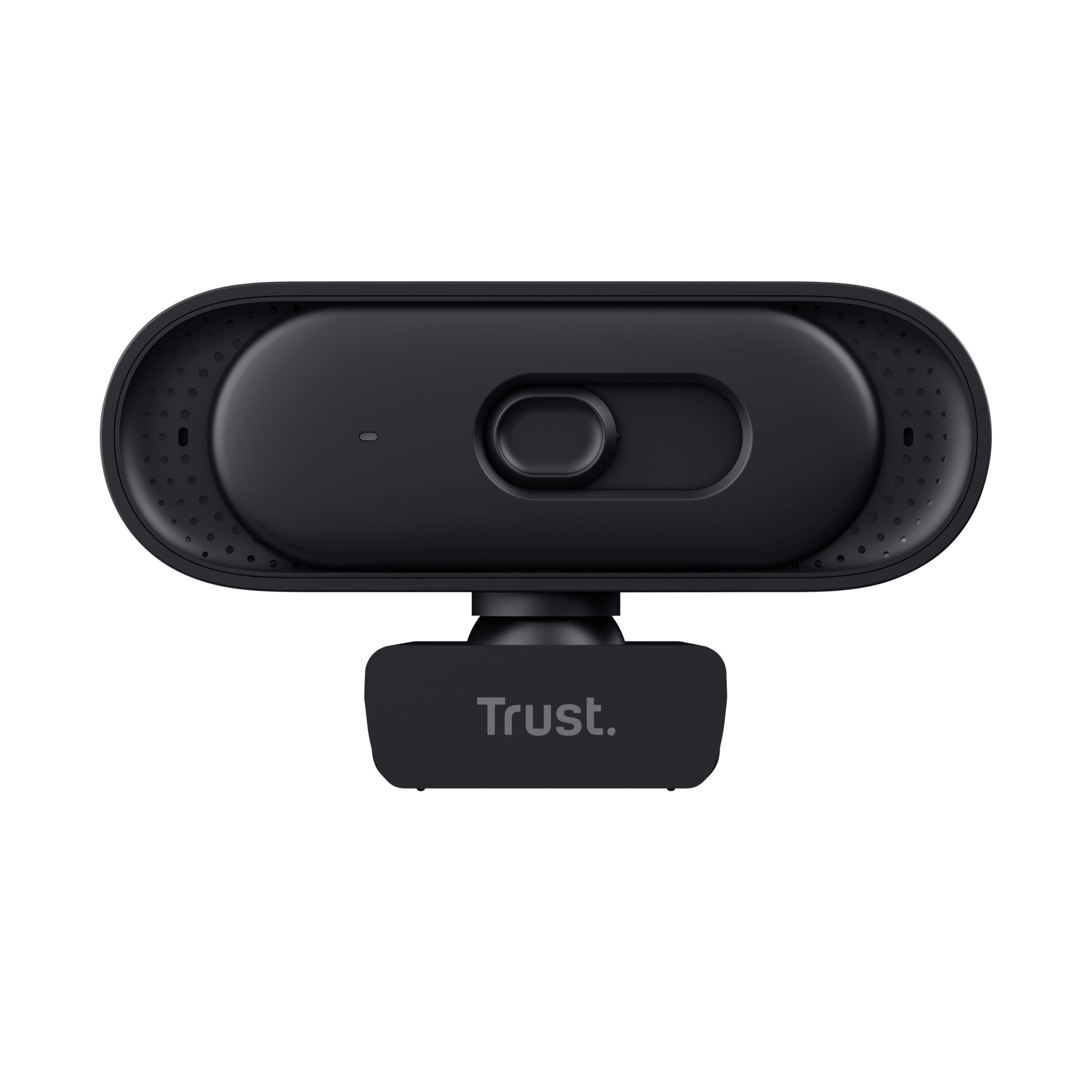 Schwarze Trust Webcam mit Objektivabdeckung und Mikrofonen.