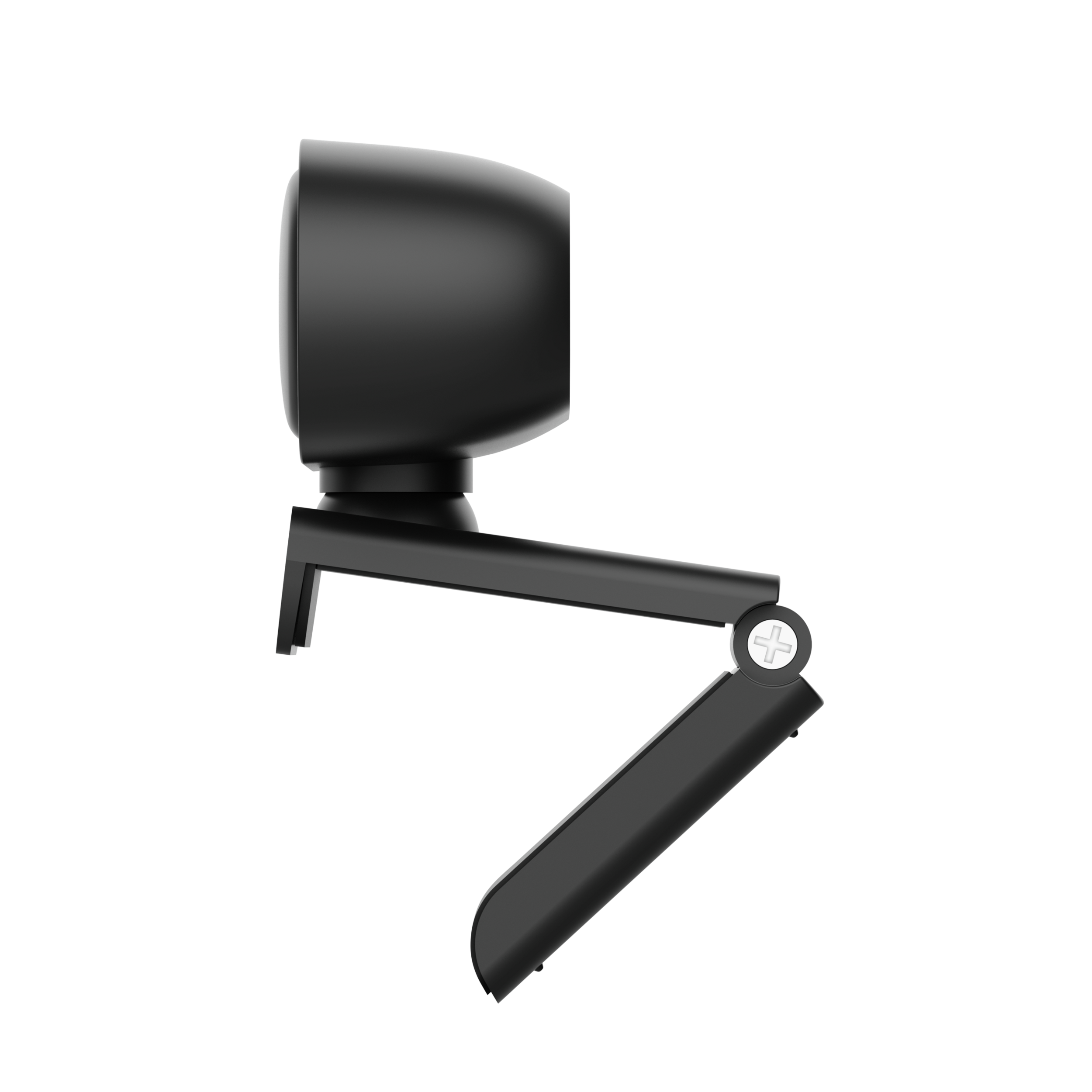 Schwarze Webcam mit flexiblen Gelenkarmen auf schwarzem Hintergrund.
