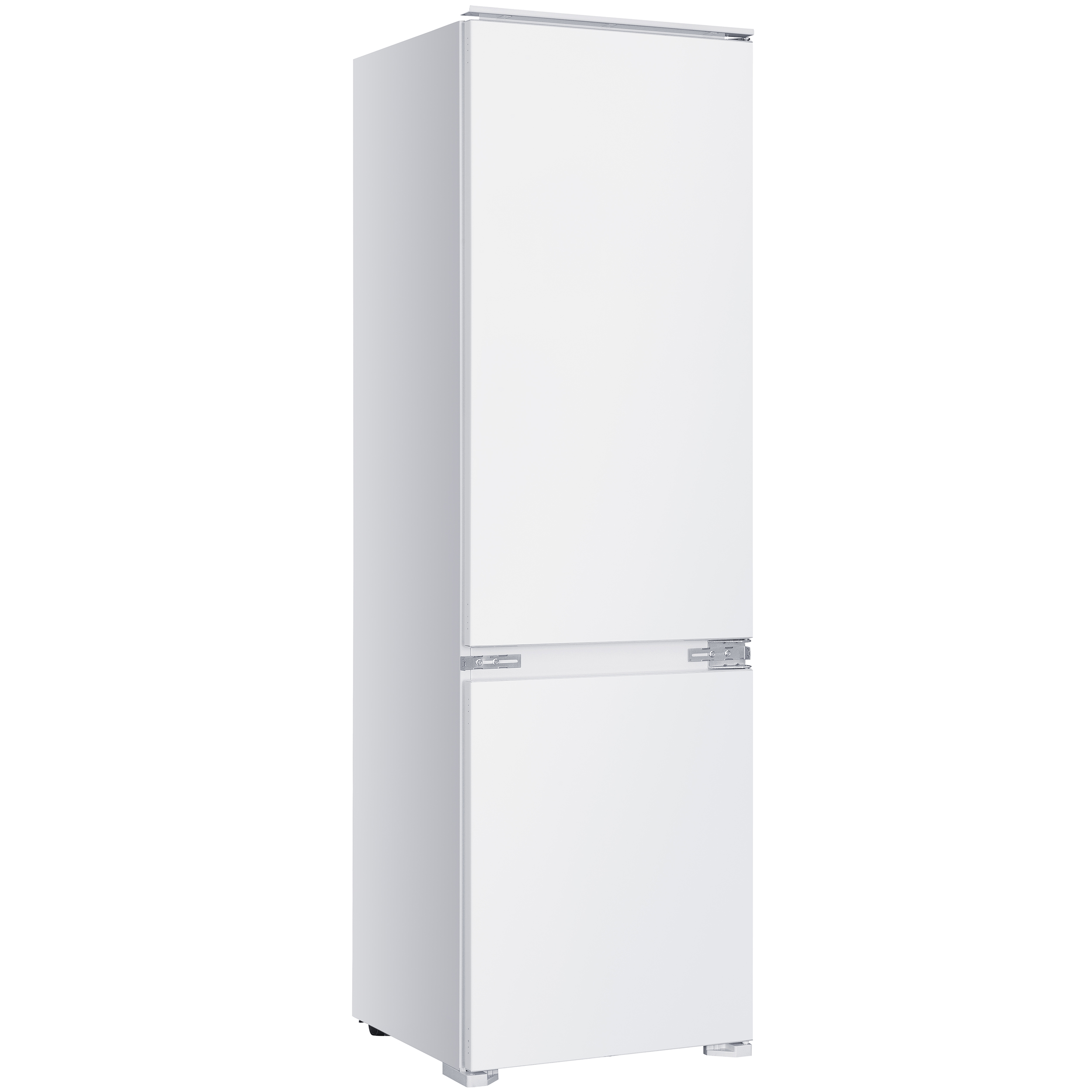 Ein schlanker, weißer Kühlschrank mit zwei Türen, einem Gefrierfach oben und einem Kühlschrank unten.