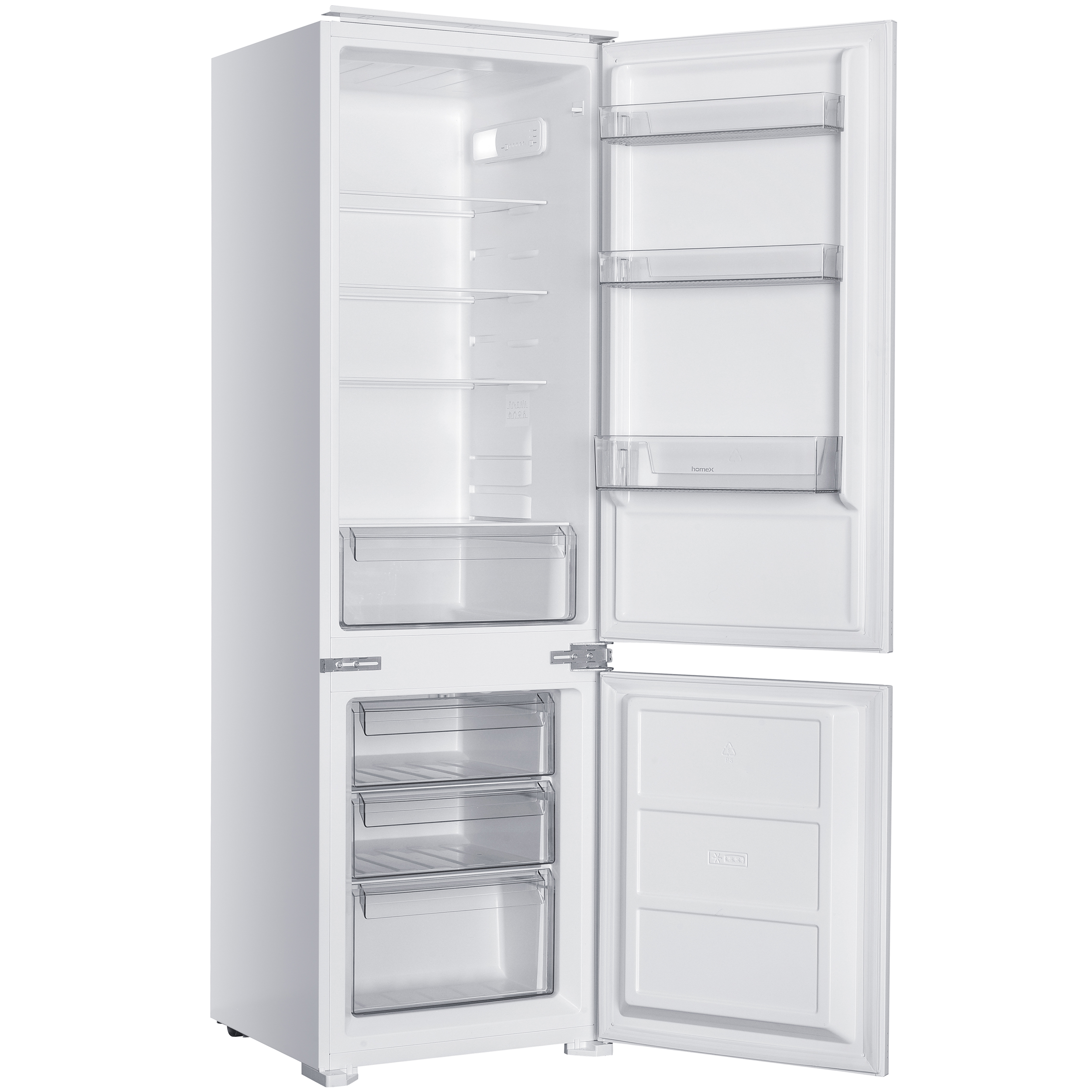 Ein weißer Kühlschrank mit geöffneten Türen, leeren Regalen und Schubladen.