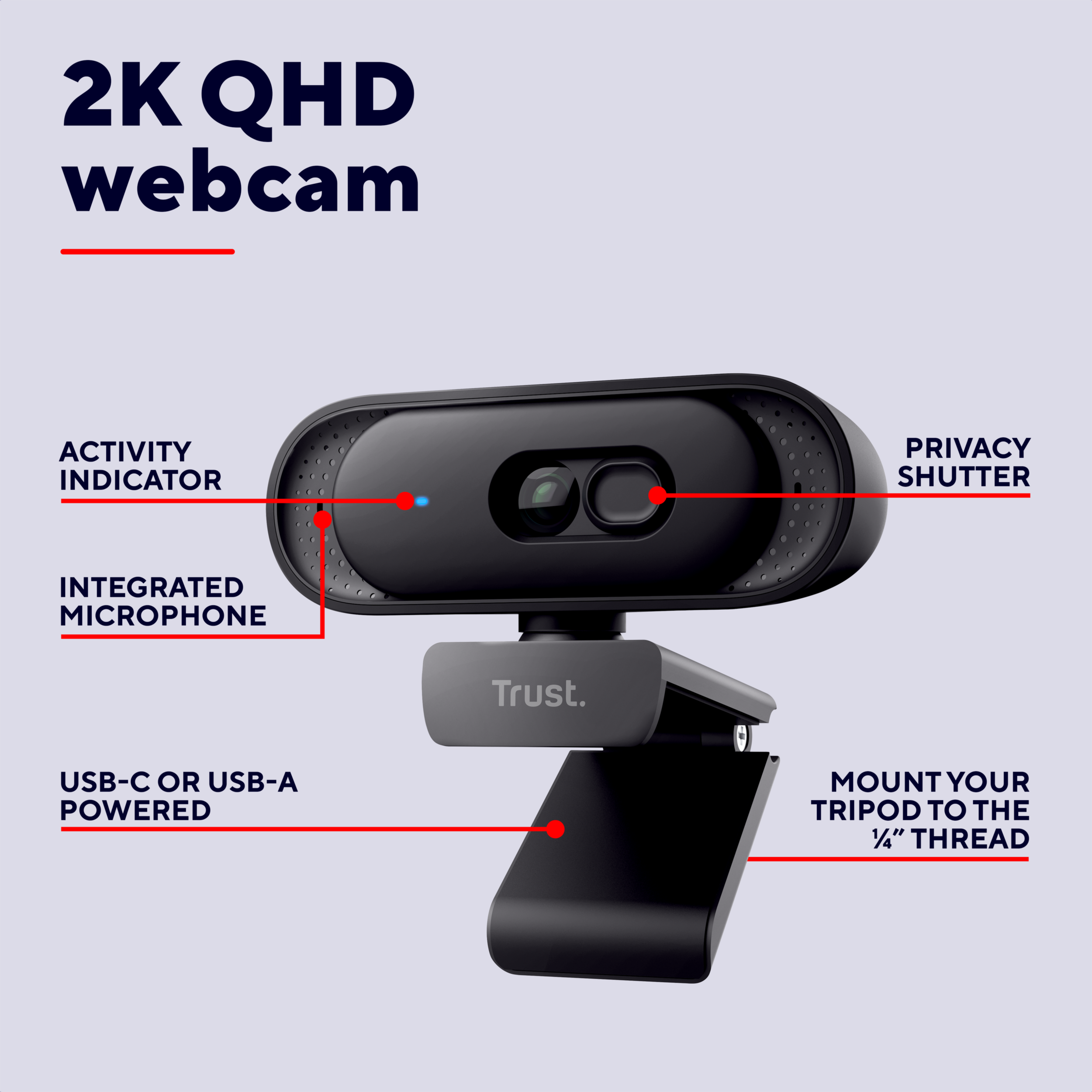 Eine schwarze 2K QHD Webcam mit Mikrofon, Sichtschutz und Stativhalterung.